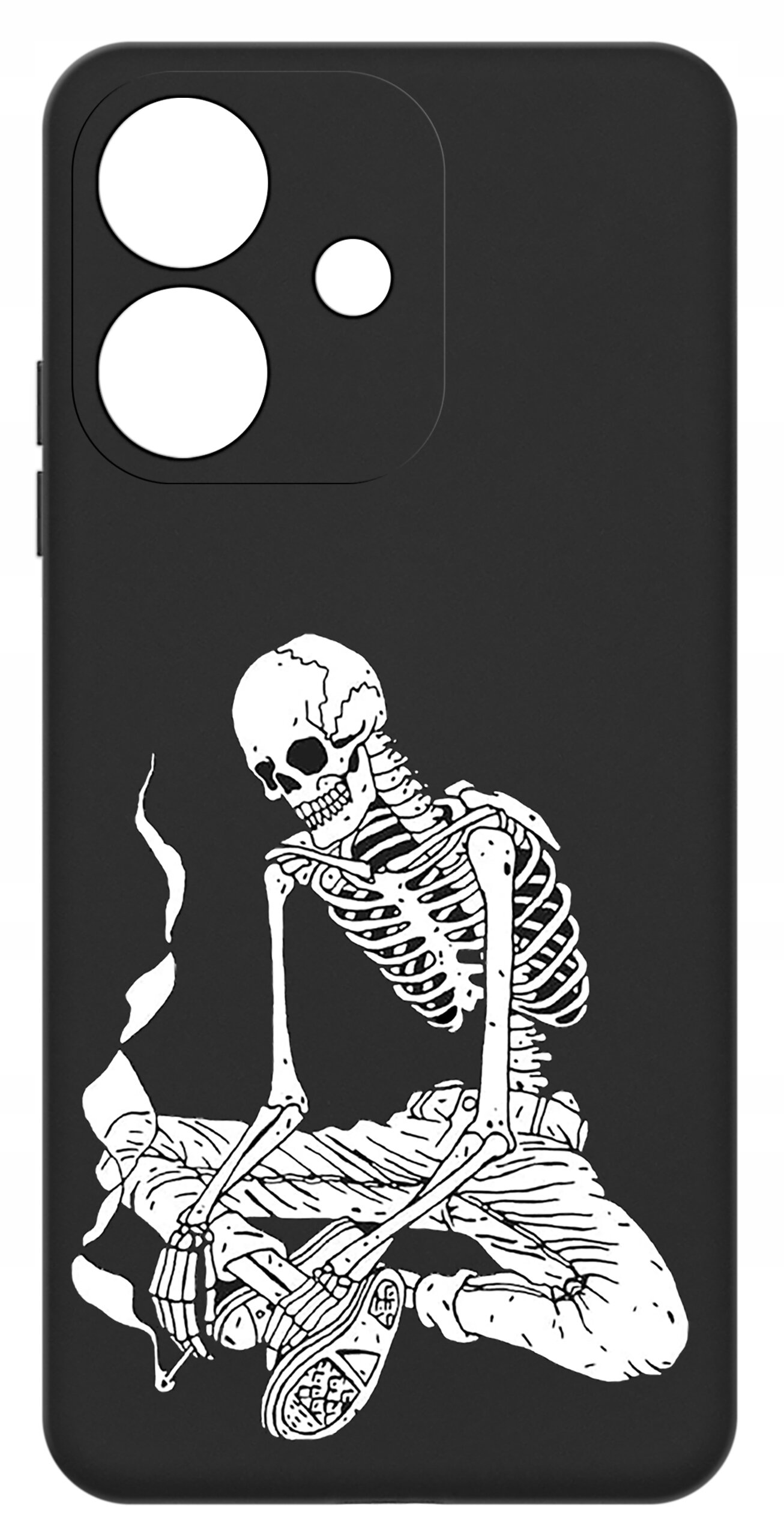 Czarne etui na telefon z białym nadrukiem przedstawiającym szkielet siedzący z papierosem. Etui ma wycięcia na trzy obiektywy aparatu.