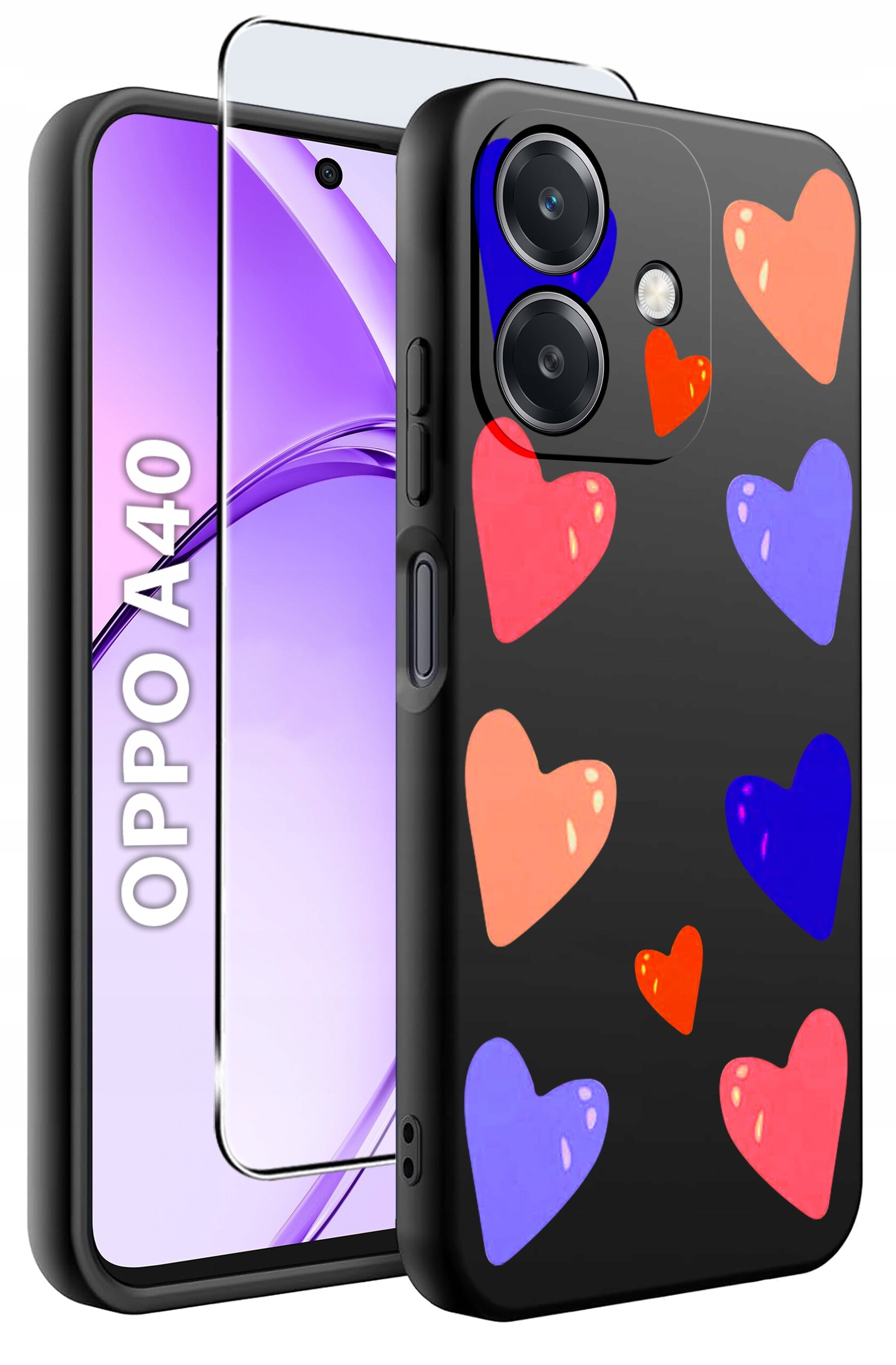 Obraz przedstawia czarne etui na telefon z kolorowymi sercami oraz szkło ochronne. Na ekranie telefonu widoczny jest napis \'OPPO A40\'.