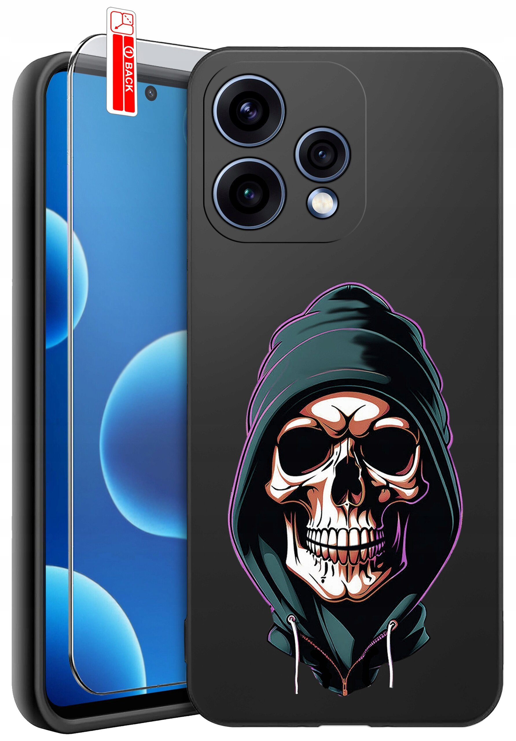 Etui na telefon z nadrukiem czaszki w kapturze, obok widoczne szkło ochronne z napisem \'BACK\'.