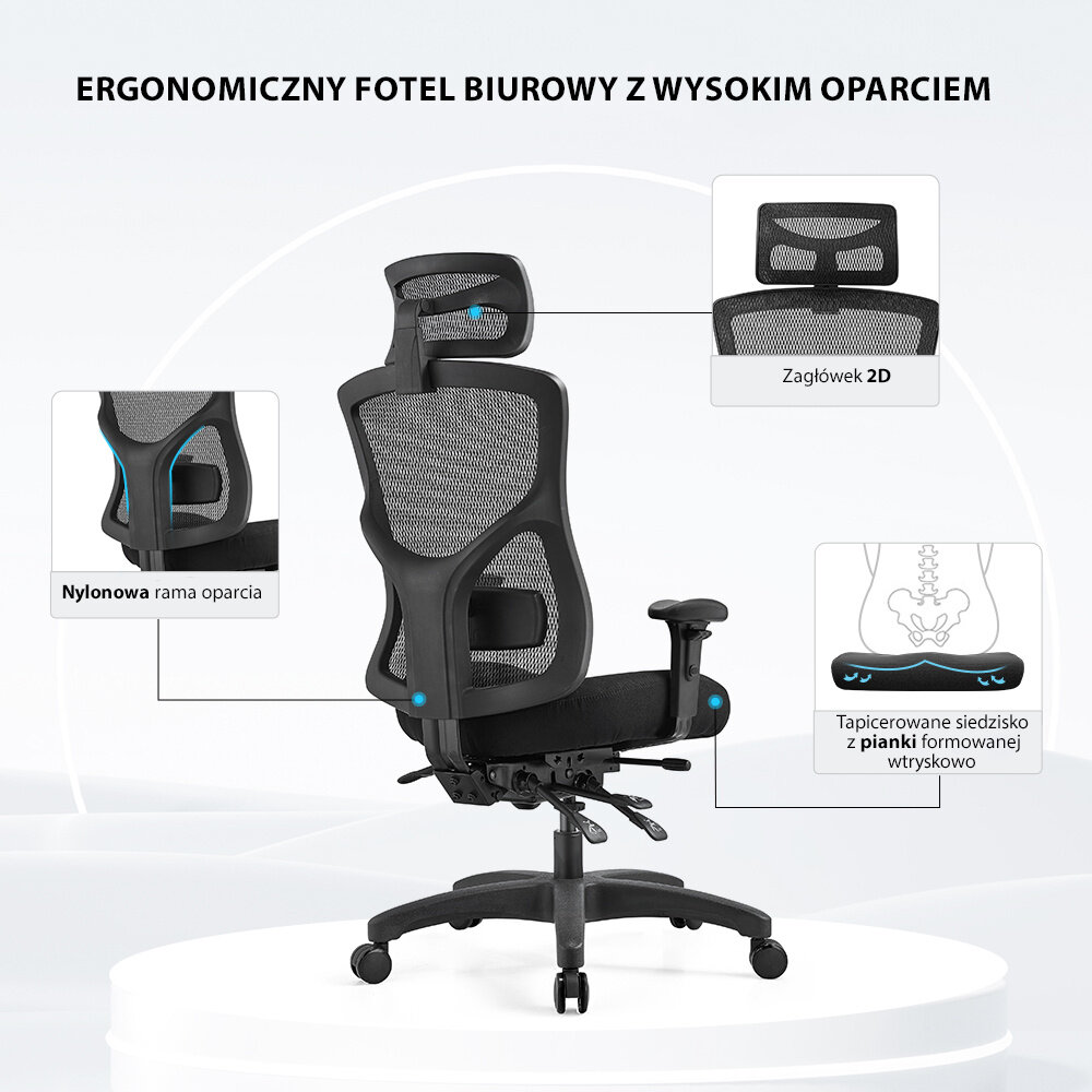 Ergonomiczny fotel biurowy z wysokim oparciem, posiada nylonową ramę oparcia, zagłówek 2D oraz tapicerowane siedzisko z pianki formowanej wtryskowo. Widoczne są elementy konstrukcyjne i funkcjonalne fotela na białym tle.