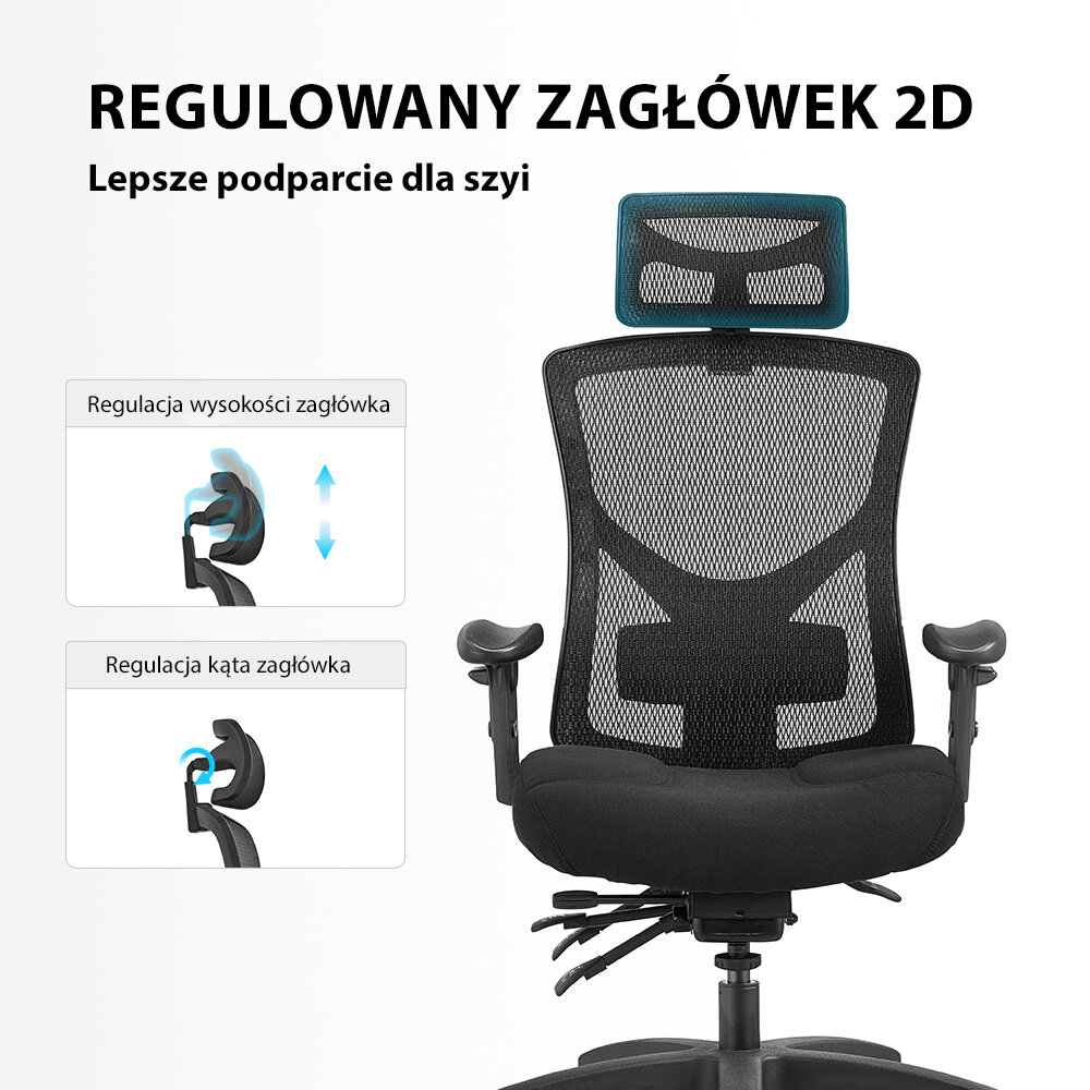 Obraz przedstawia ergonomiczny fotel biurowy z siatkowym oparciem i regulowanym zagłówkiem. Na górze widoczny jest tekst: \'REGULOWANY ZAGŁÓWEK 2D Lepsze podparcie dla szyi\'.