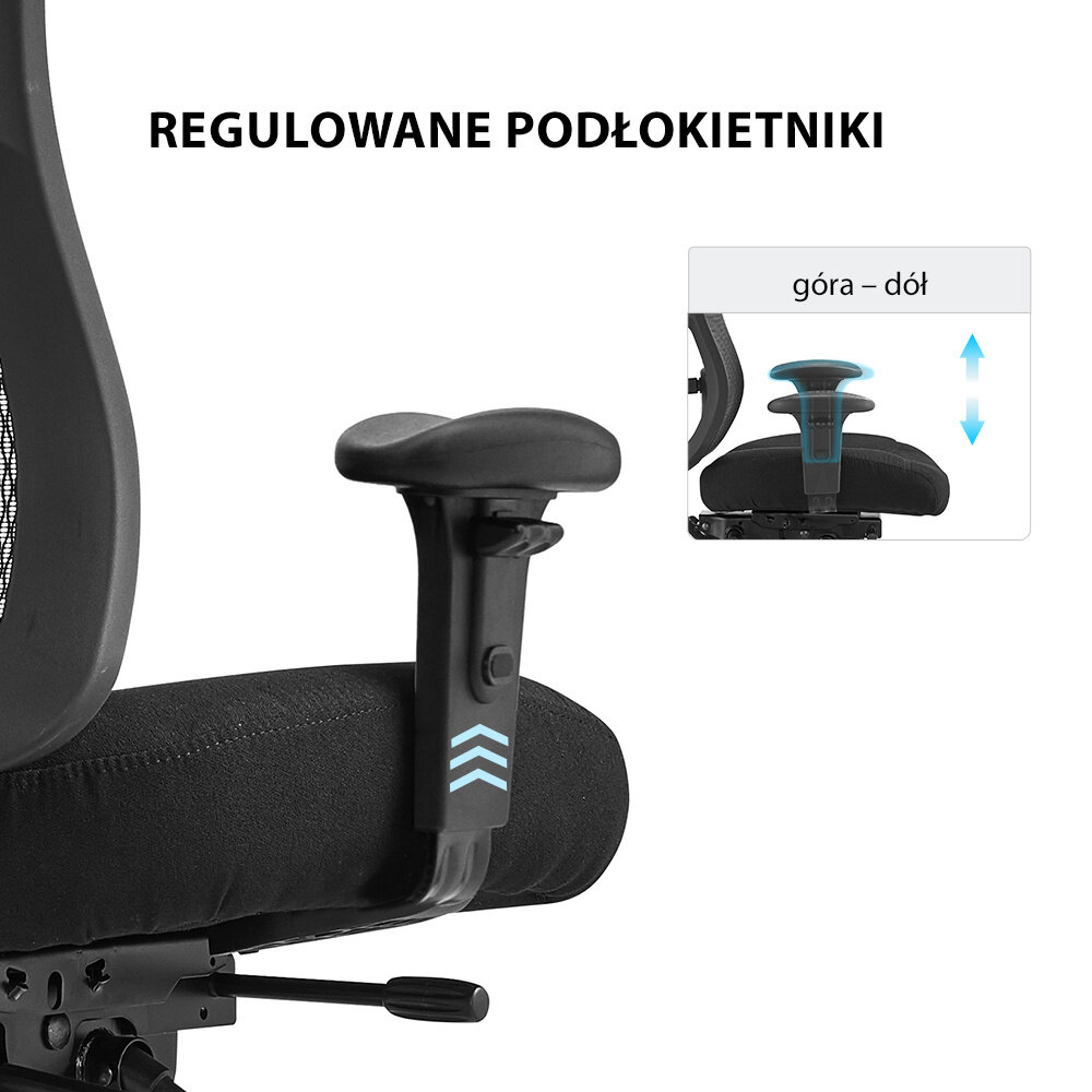 Obraz przedstawia czarny podłokietnik fotela biurowego z napisem \'REGULOWANE PODŁOKIETNIKI\'. Obok znajduje się mała grafika z napisem \'góra – dół\' i strzałkami wskazującymi możliwość regulacji wysokości.