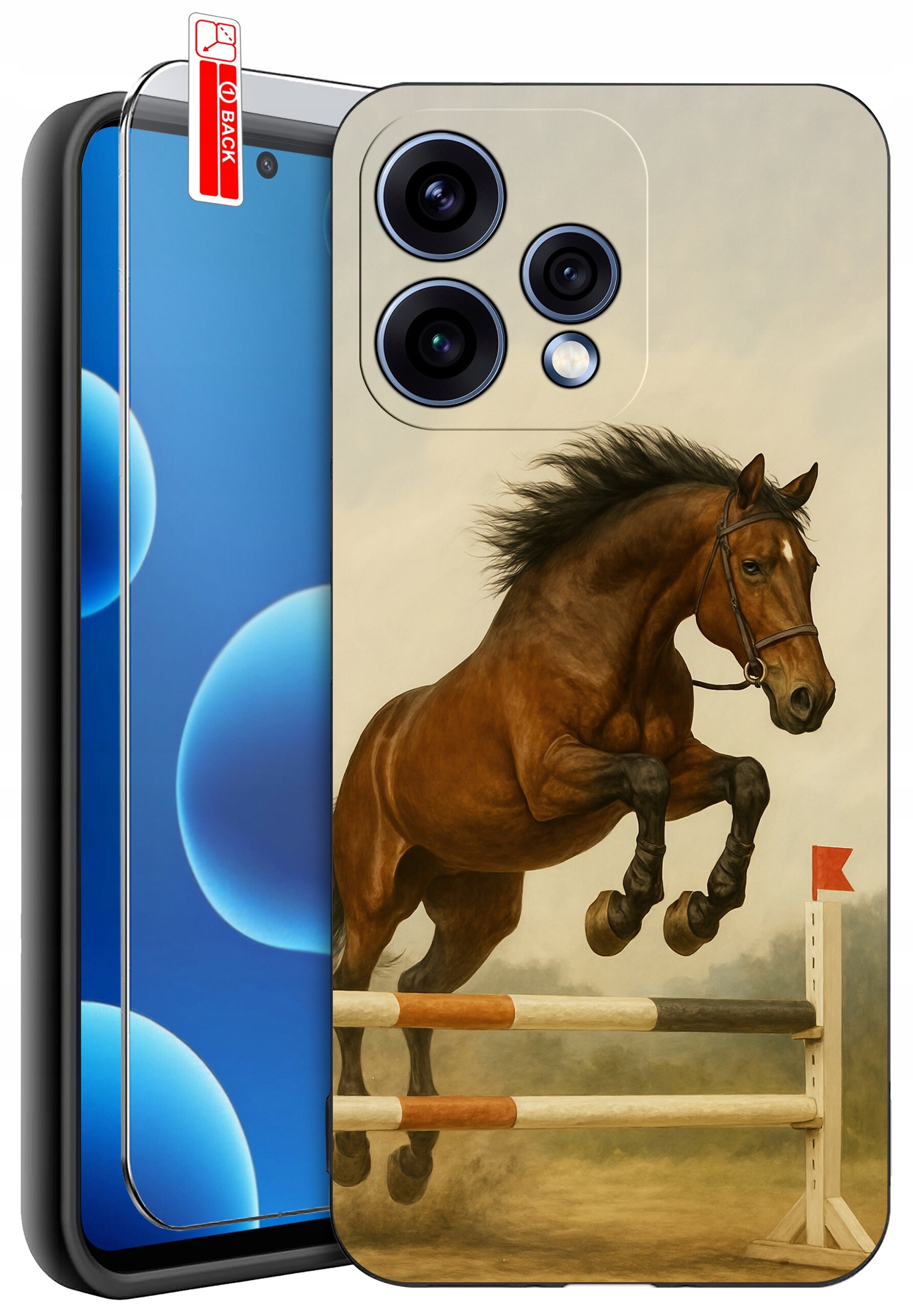 Etui na telefon z nadrukiem konia skaczącego przez przeszkodę, obok widoczna jest osłona ekranu z napisem \'BACK\'.