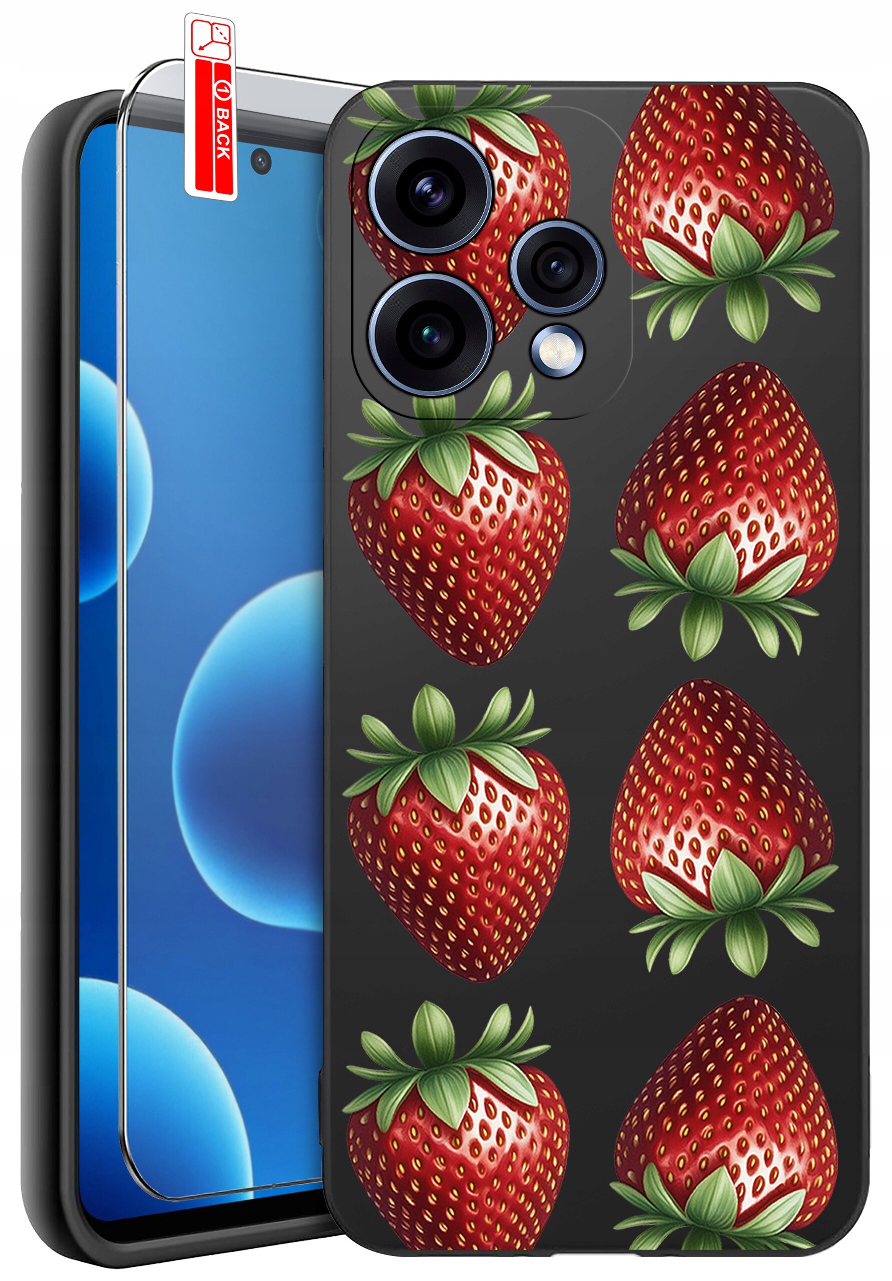 Etui na telefon z wzorem truskawek, wykonane z czarnego materiału, obok znajduje się szkło ochronne z oznaczeniem \'BACK\'.