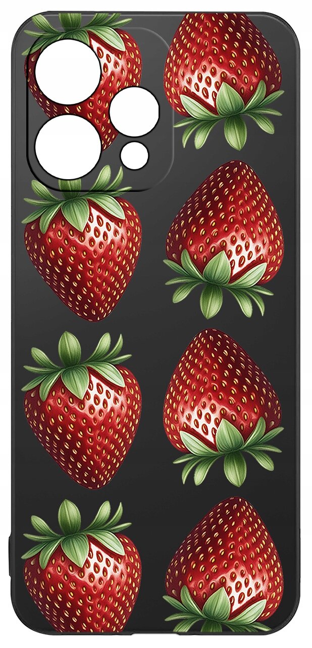 Etui na telefon z wzorem czerwonych truskawek na ciemnym tle, z wycięciami na aparat.