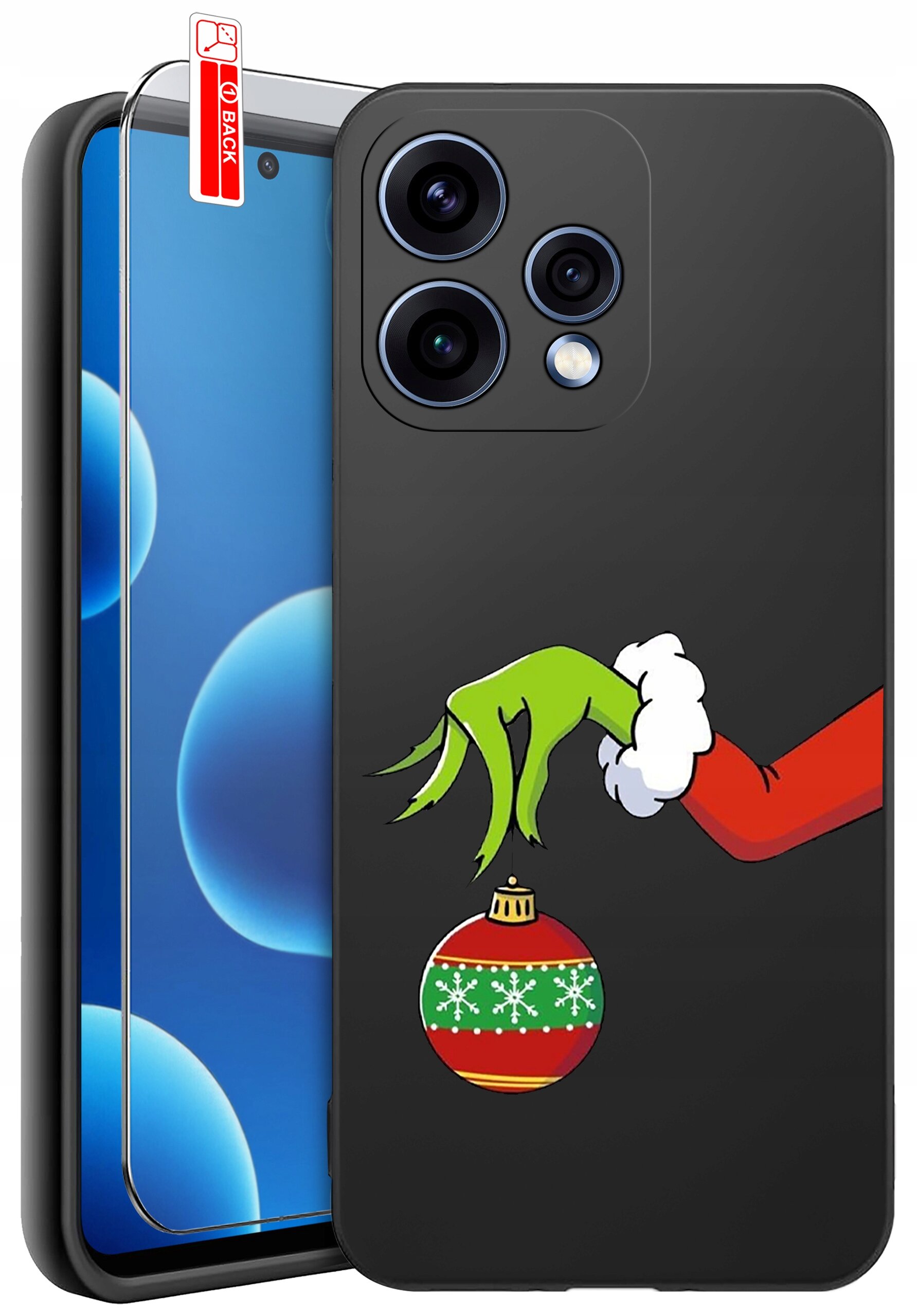 Czarne etui na telefon z grafiką przedstawiającą zieloną rękę trzymającą czerwoną bombkę z białymi śnieżynkami. Obok znajduje się szkło ochronne z napisem \'BACK\'.
