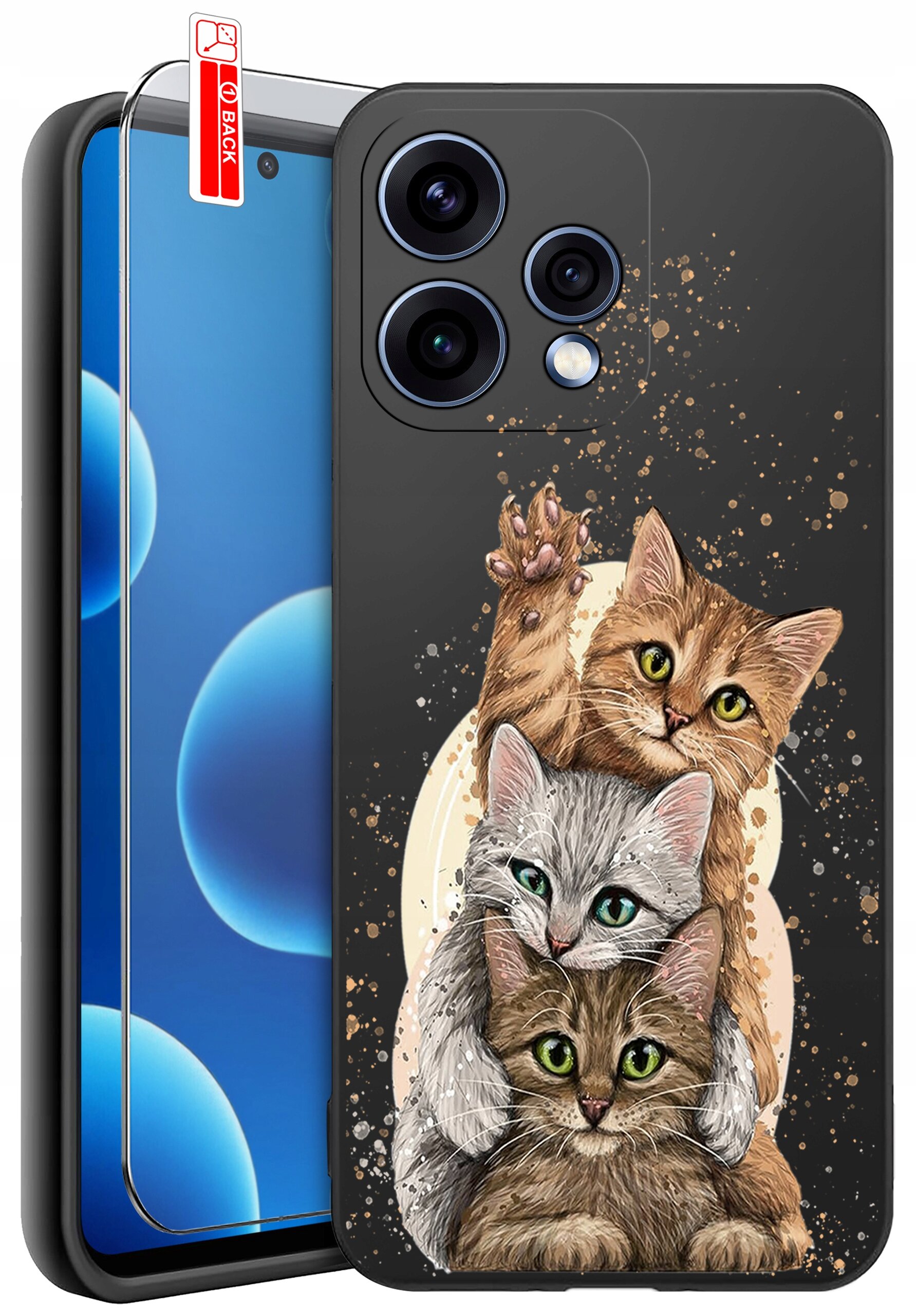 Etui na telefon z trzema rysunkowymi kotami na ciemnym tle, obok znajduje się szkło ochronne z napisem \'BACK\'.