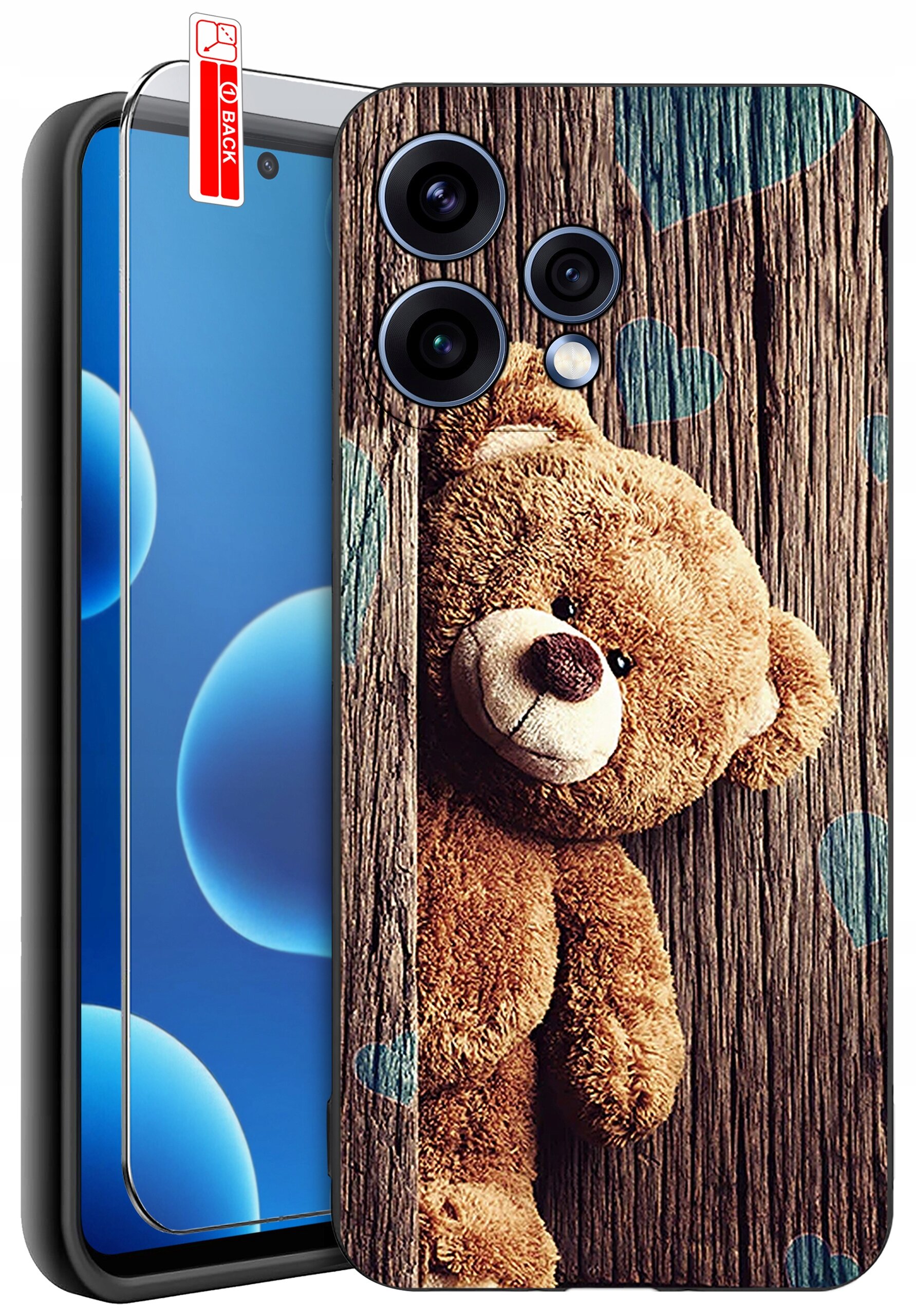 Etui na telefon z nadrukiem misia na tle drewnianej tekstury z niebieskimi sercami. Obok etui znajduje się szkło ochronne z napisem \'BACK\'.