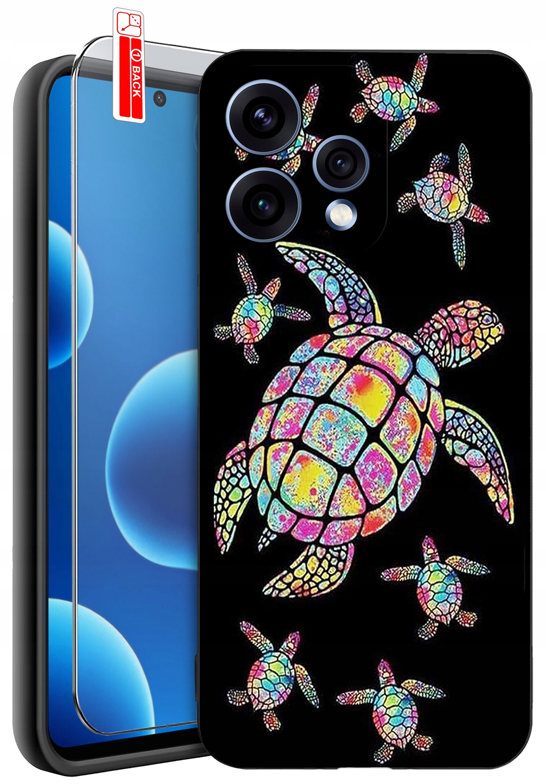 Etui na telefon z kolorowym wzorem żółwi na czarnym tle, obok widoczne szkło ochronne z napisem \'BACK\'.