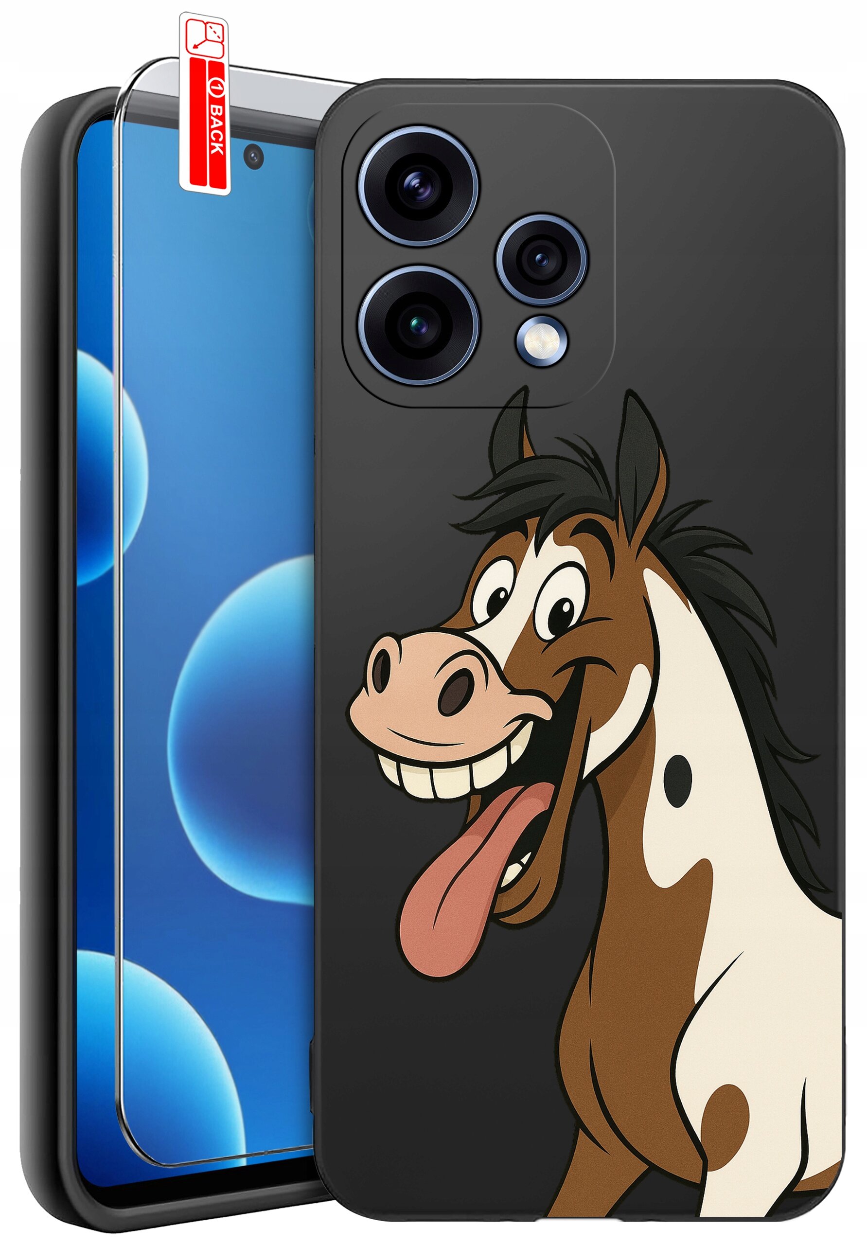 Etui na telefon z nadrukiem uśmiechniętego konia oraz szkło ochronne z napisem \'BACK\'.
