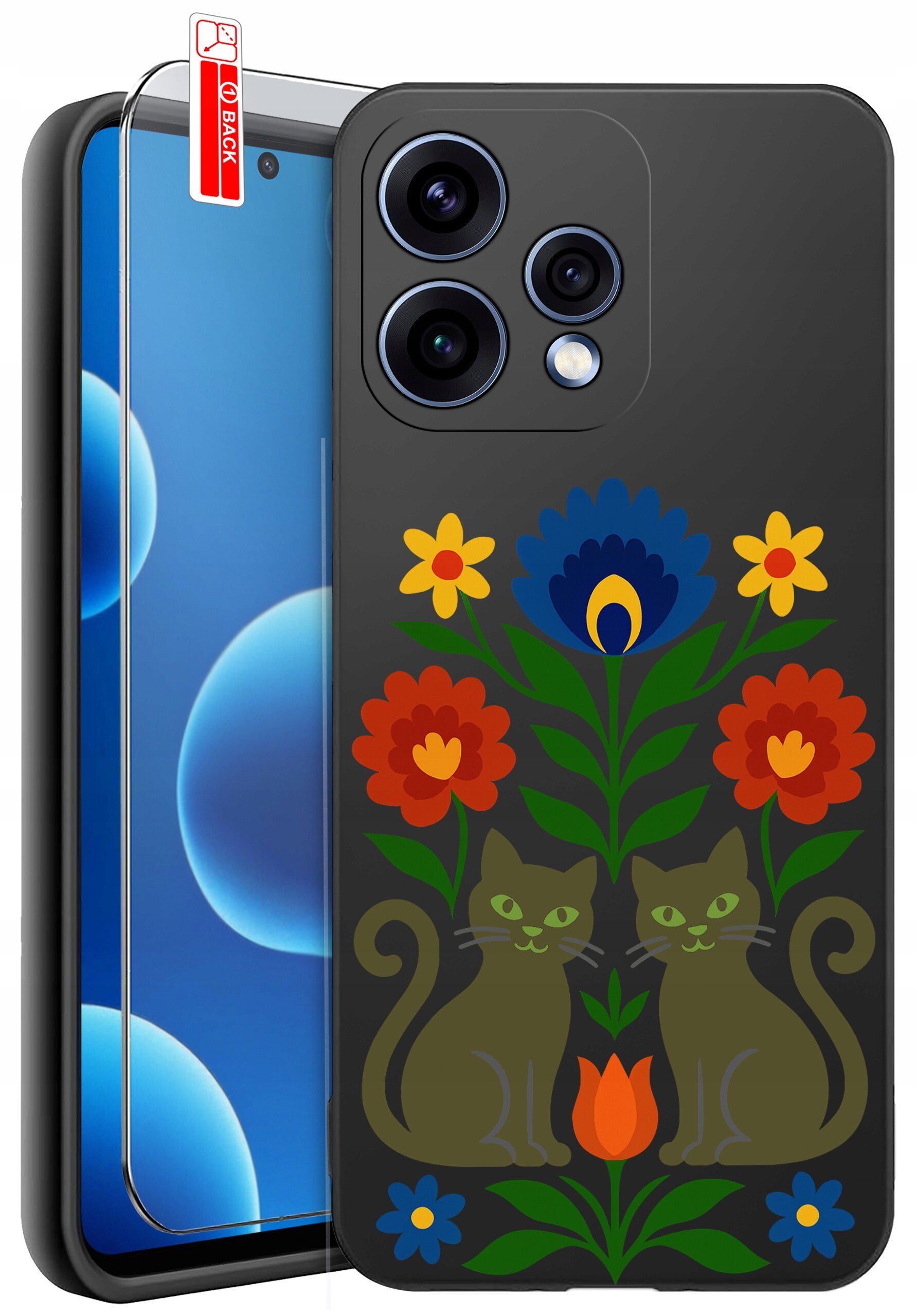 Etui na telefon z motywem dwóch kotów otoczonych kolorowymi kwiatami. Obok znajduje się szkło ochronne z napisem \'BACK\'.