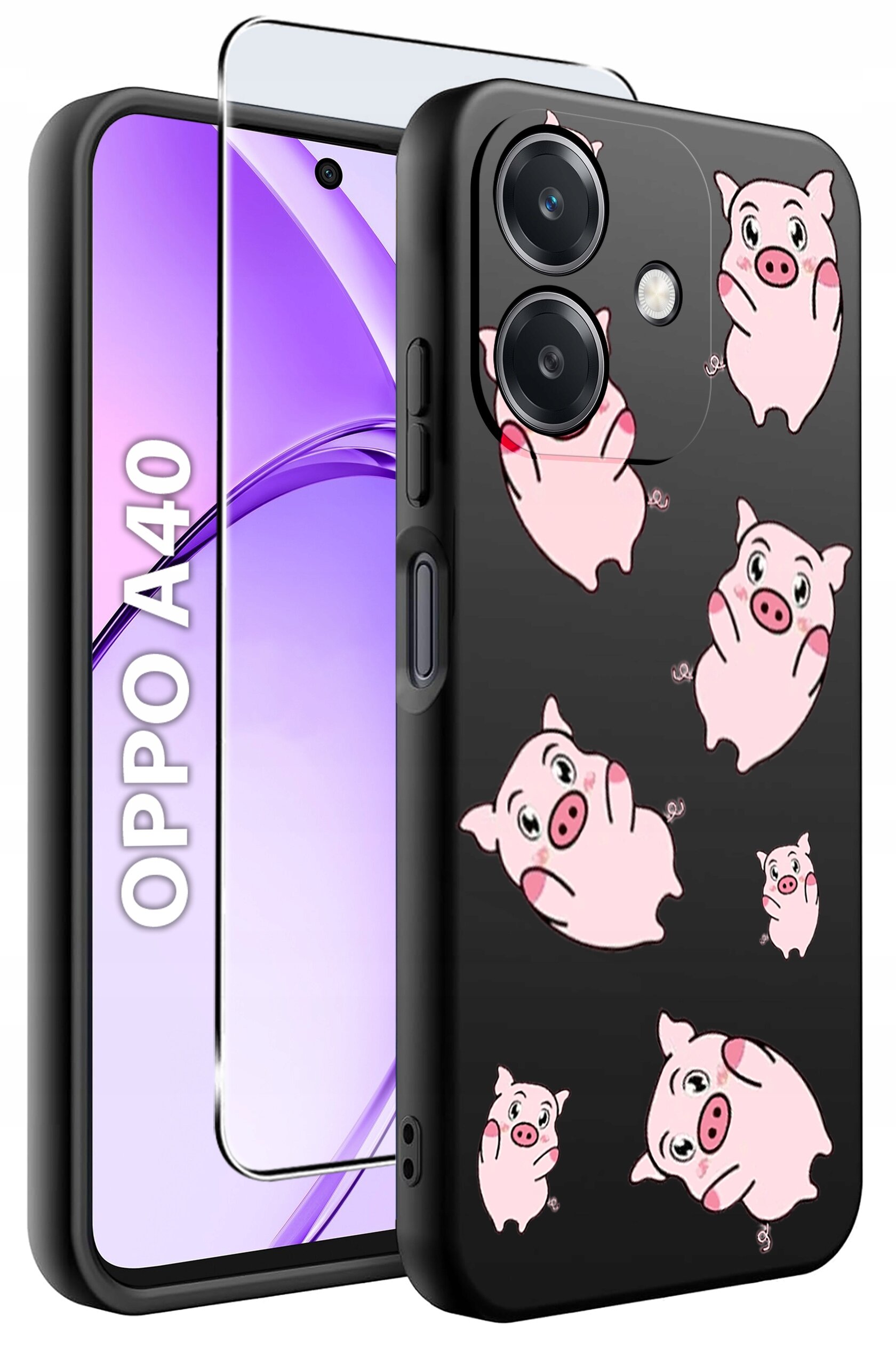 Obraz przedstawia czarne etui na telefon z motywem różowych świnek oraz szkło ochronne. Obok widoczny jest telefon z napisem \'OPPO A40\'.