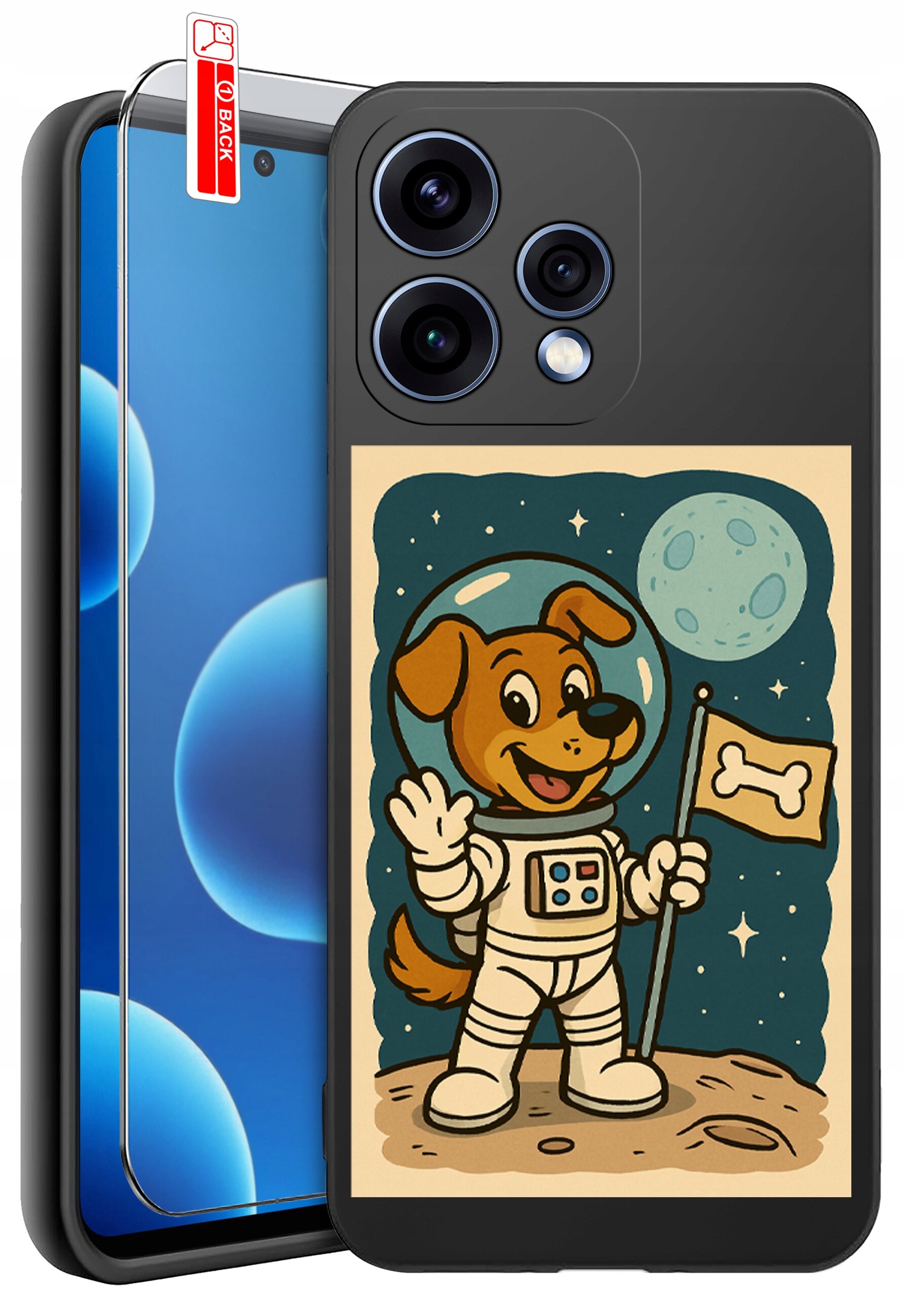 Etui na telefon z grafiką psa w skafandrze kosmicznym trzymającego flagę z kością, na tle księżyca i gwiazd. Obok znajduje się szkło ochronne z oznaczeniem \'BACK\'.