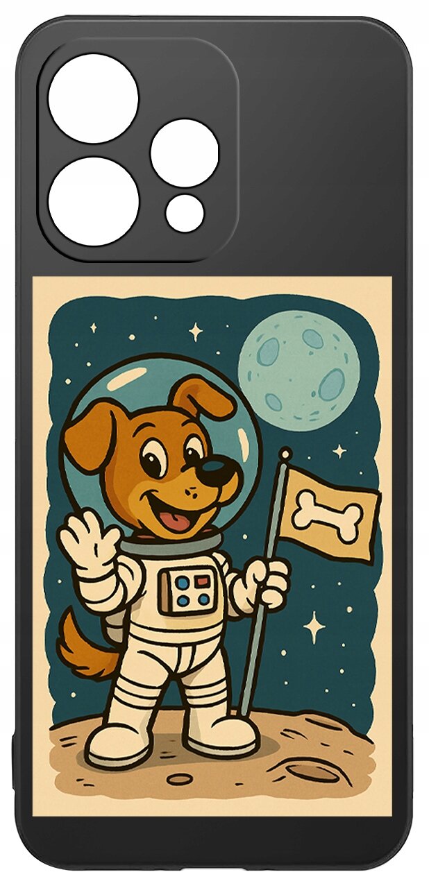 Etui na telefon z grafiką przedstawiającą psa w skafandrze kosmicznym, trzymającego flagę z symbolem kości na tle księżyca i gwiazd.