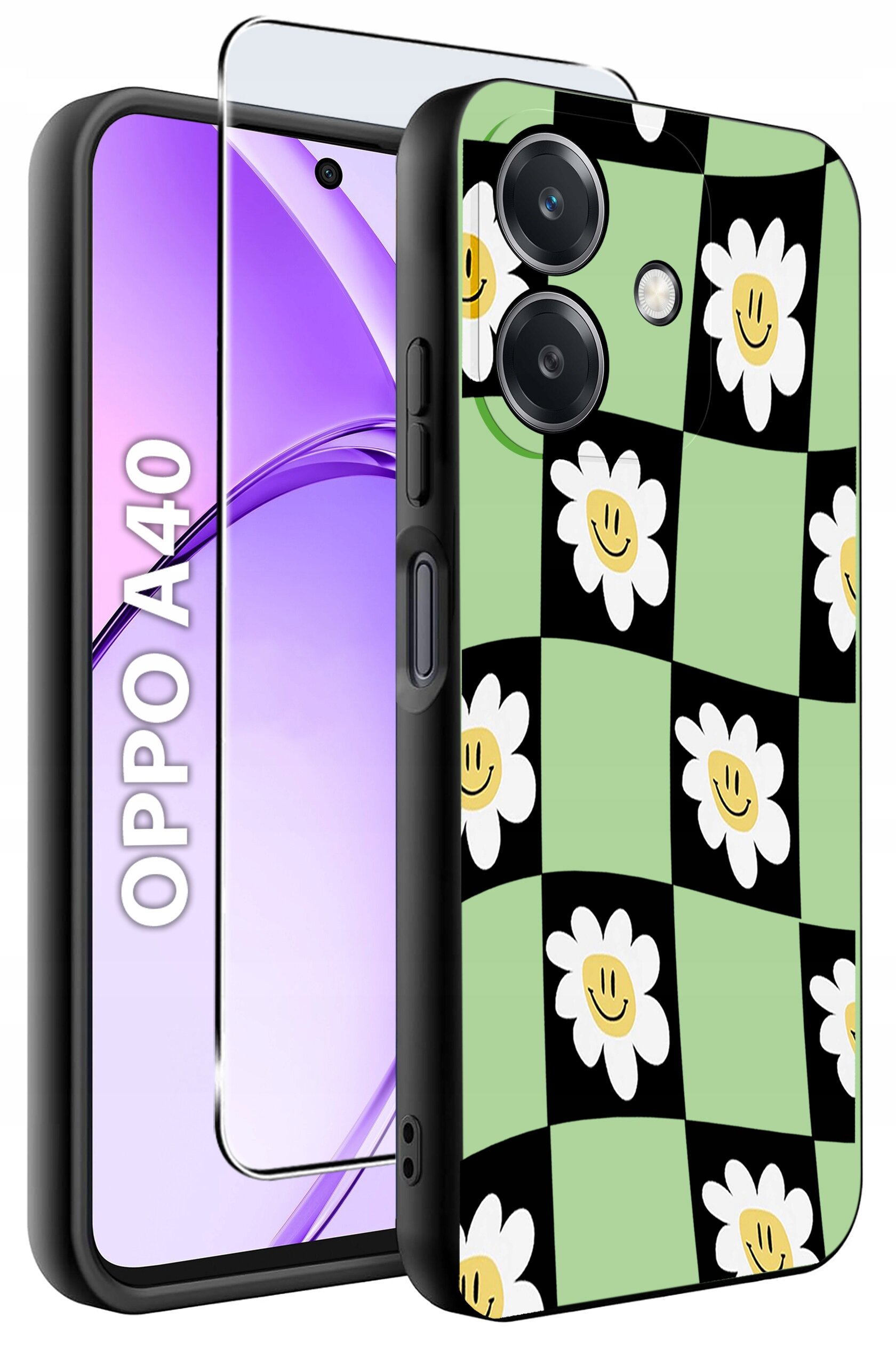 Obraz przedstawia etui na telefon z wzorem w kwadraty w kolorach zielonym i czarnym, z białymi kwiatami z uśmiechniętymi buźkami. Obok etui widoczny jest telefon z napisem \'OPPO A40\' na ekranie oraz szkło ochronne.