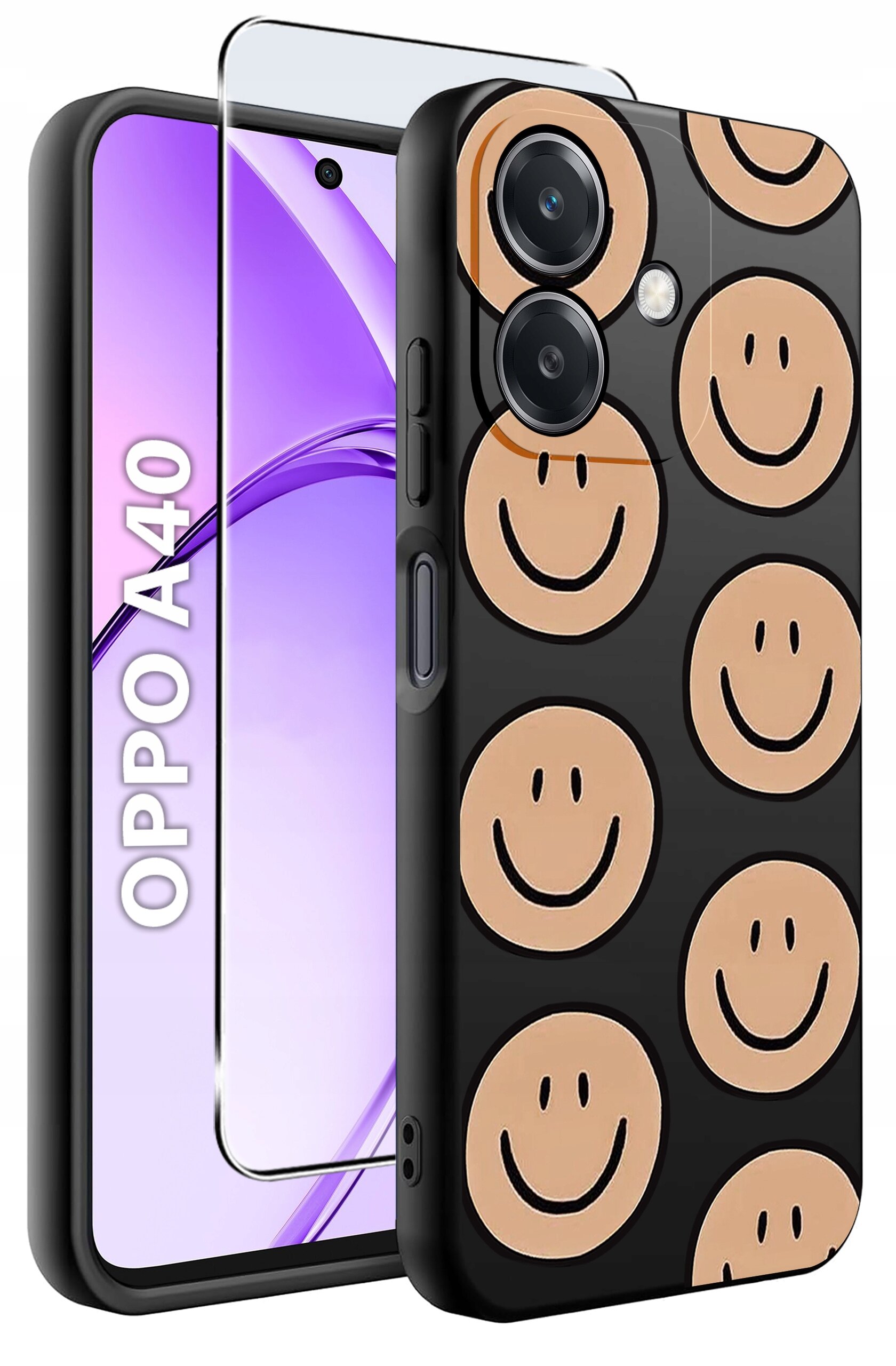 Obraz przedstawia etui na telefon z wzorem uśmiechniętych buziek na czarnym tle oraz szkło ochronne. Na ekranie telefonu widoczny jest napis \'OPPO A40\'.
