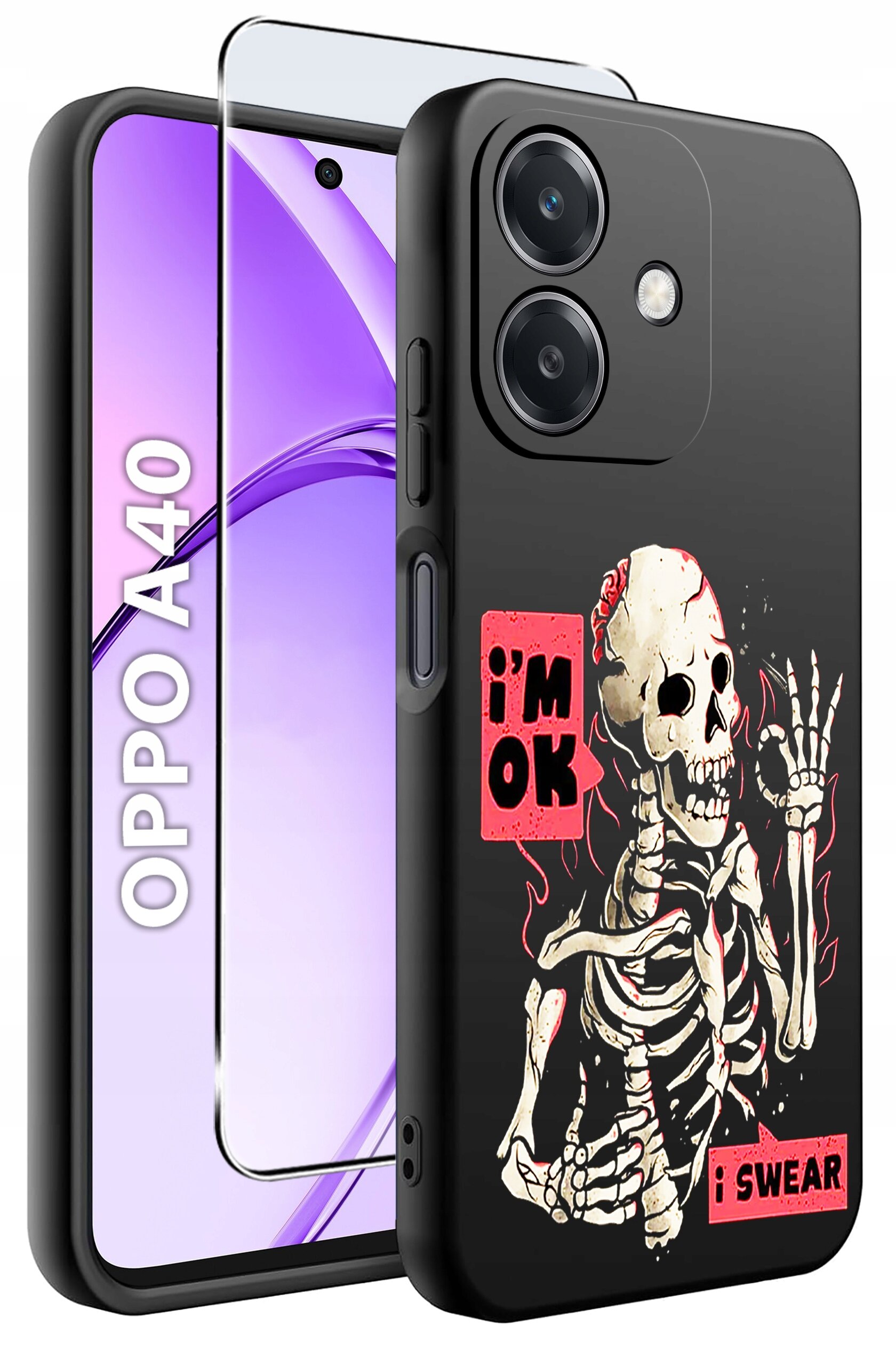 Obraz przedstawia etui na telefon z grafiką szkieletu i napisami \'i\'m OK\' oraz \'i SWEAR\'. Obok etui widoczny jest telefon z napisem \'OPPO A40\' na ekranie.