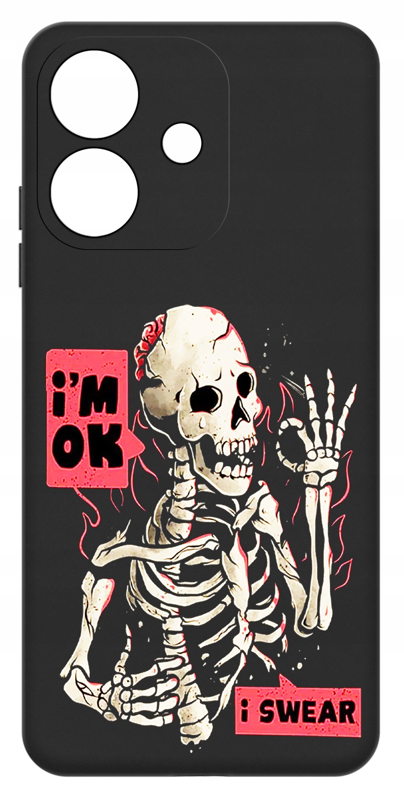 Czarne etui z nadrukiem szkieletu z podniesioną ręką i napisami \'i\'m ok\' oraz \'i swear\'.