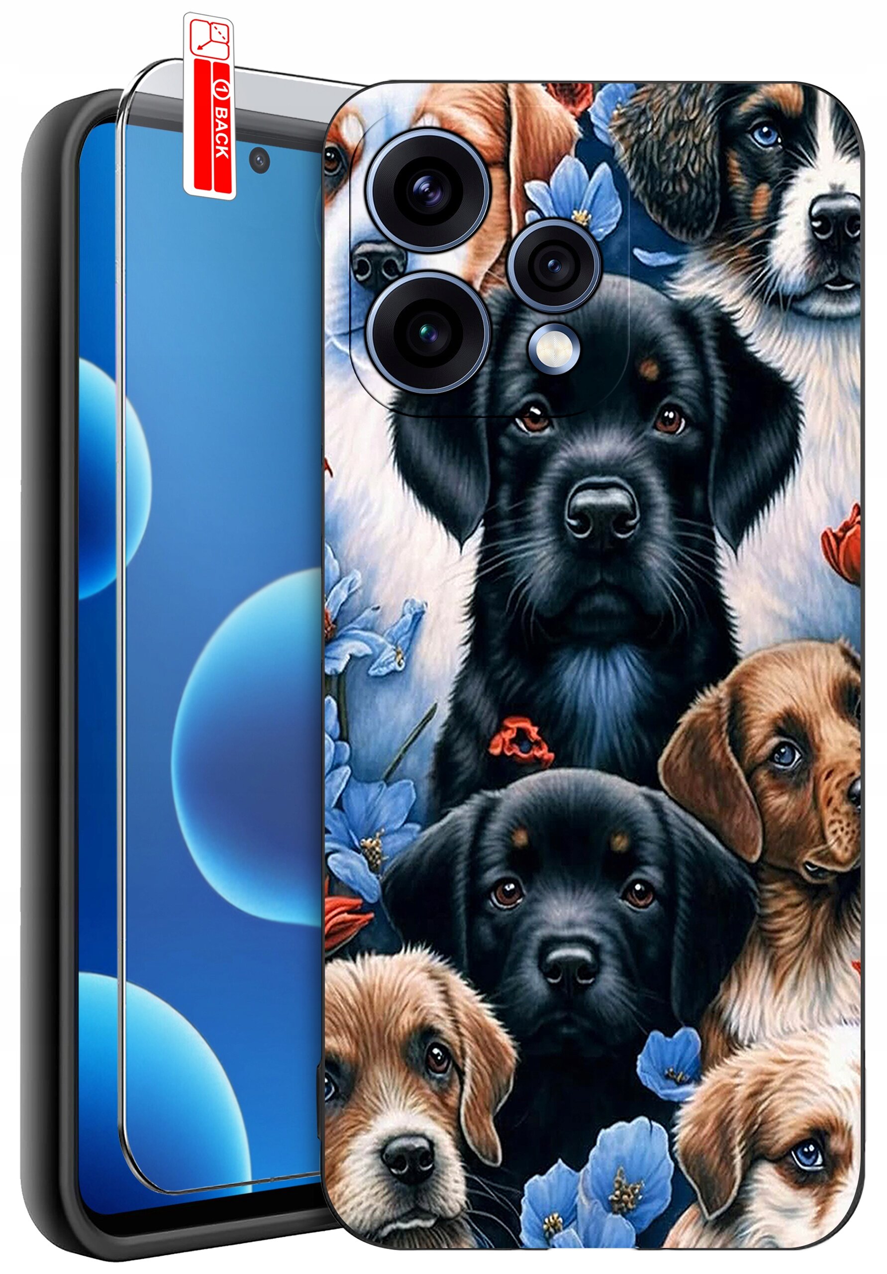 Etui na telefon z wzorem przedstawiającym realistyczne wizerunki psów otoczonych niebieskimi i czerwonymi kwiatami. Obok etui znajduje się szkło ochronne z oznaczeniem \'BACK\'.