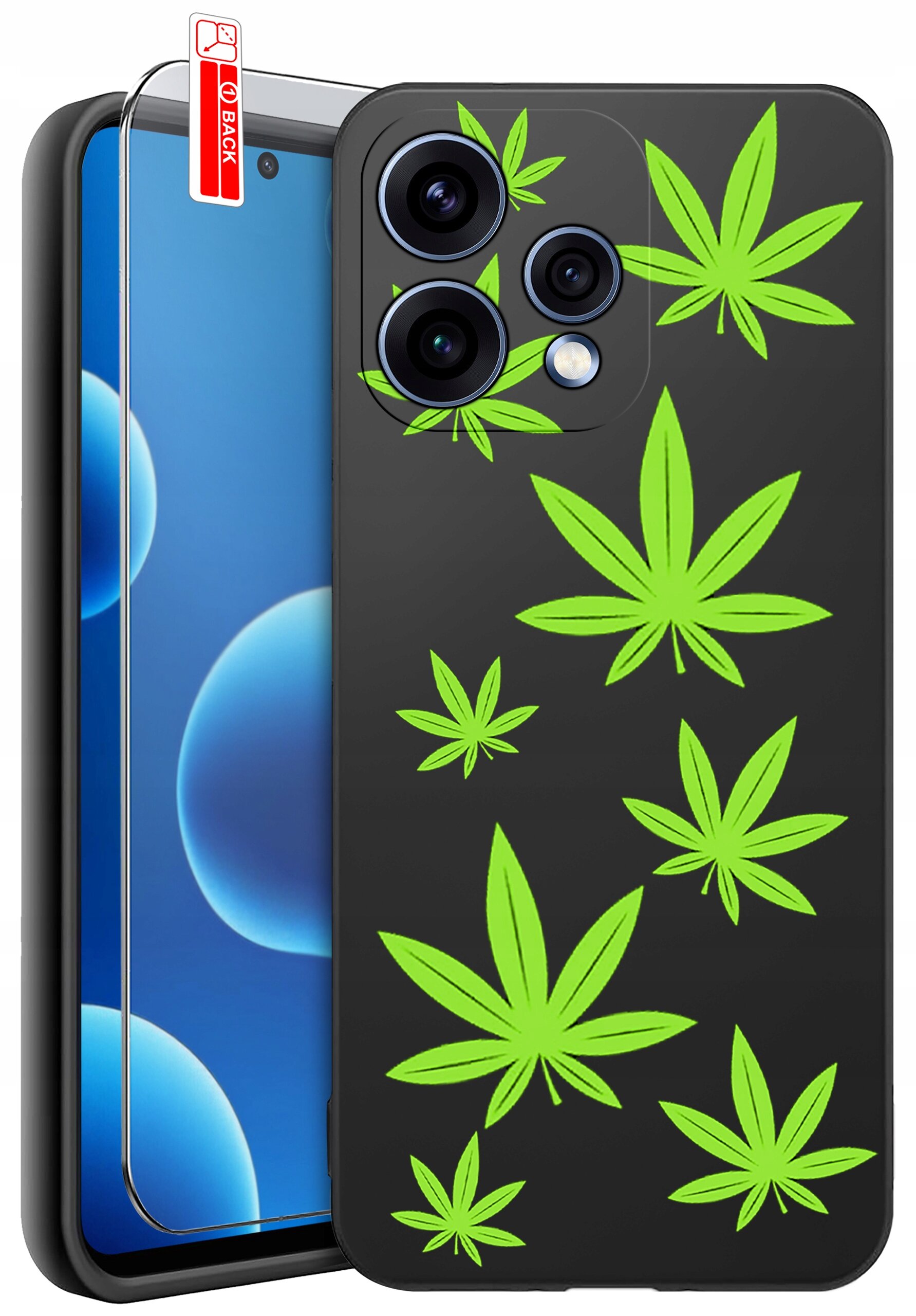 Czarne etui na telefon z zielonymi wzorami liści oraz trzema otworami na aparaty. Obok znajduje się szkło ochronne z napisem \'BACK\'.