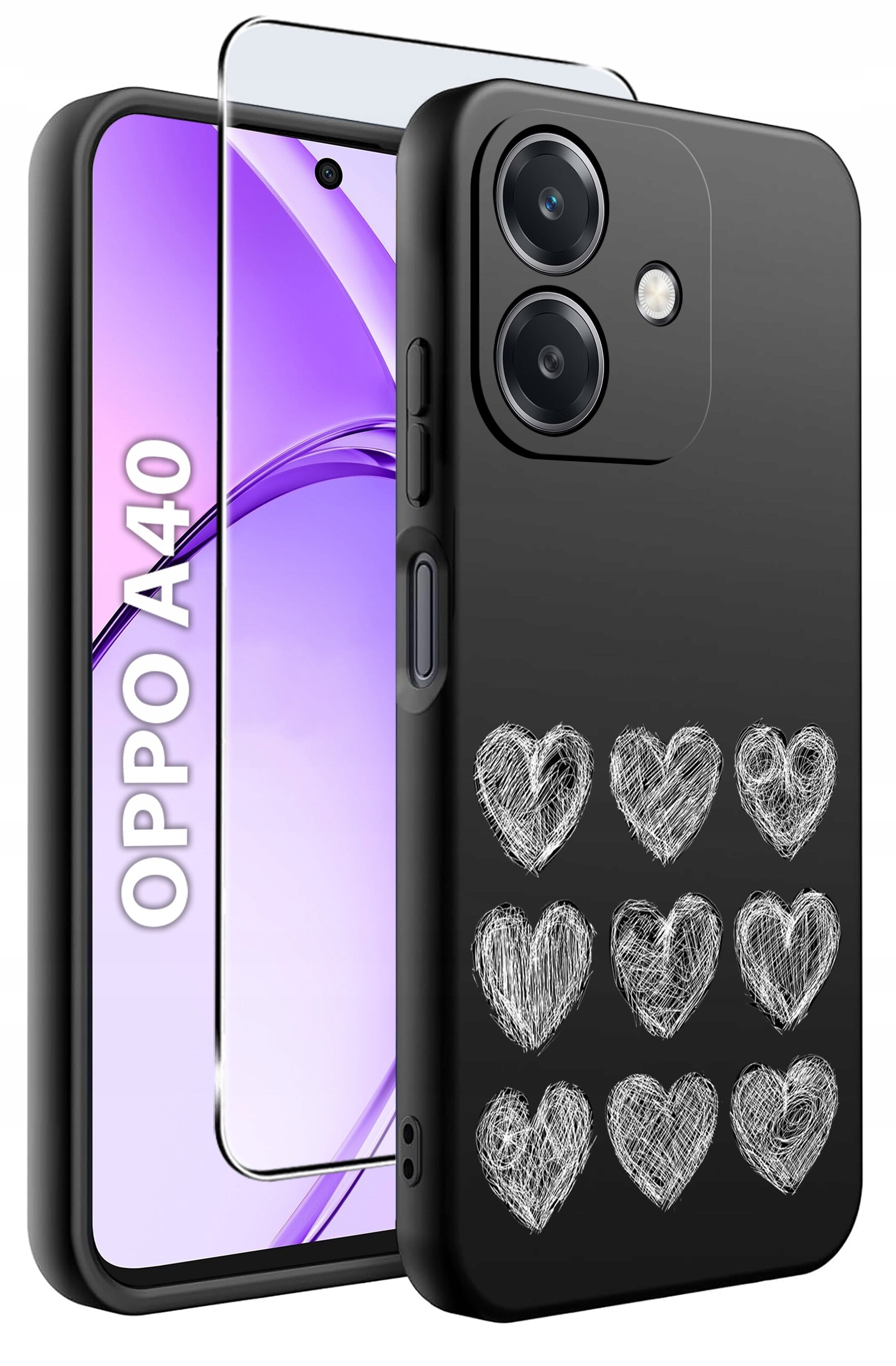 Obraz przedstawia czarne etui na telefon z wzorem dziewięciu białych serc oraz szkło ochronne. Na ekranie telefonu widoczny jest napis \'OPPO A40\'.