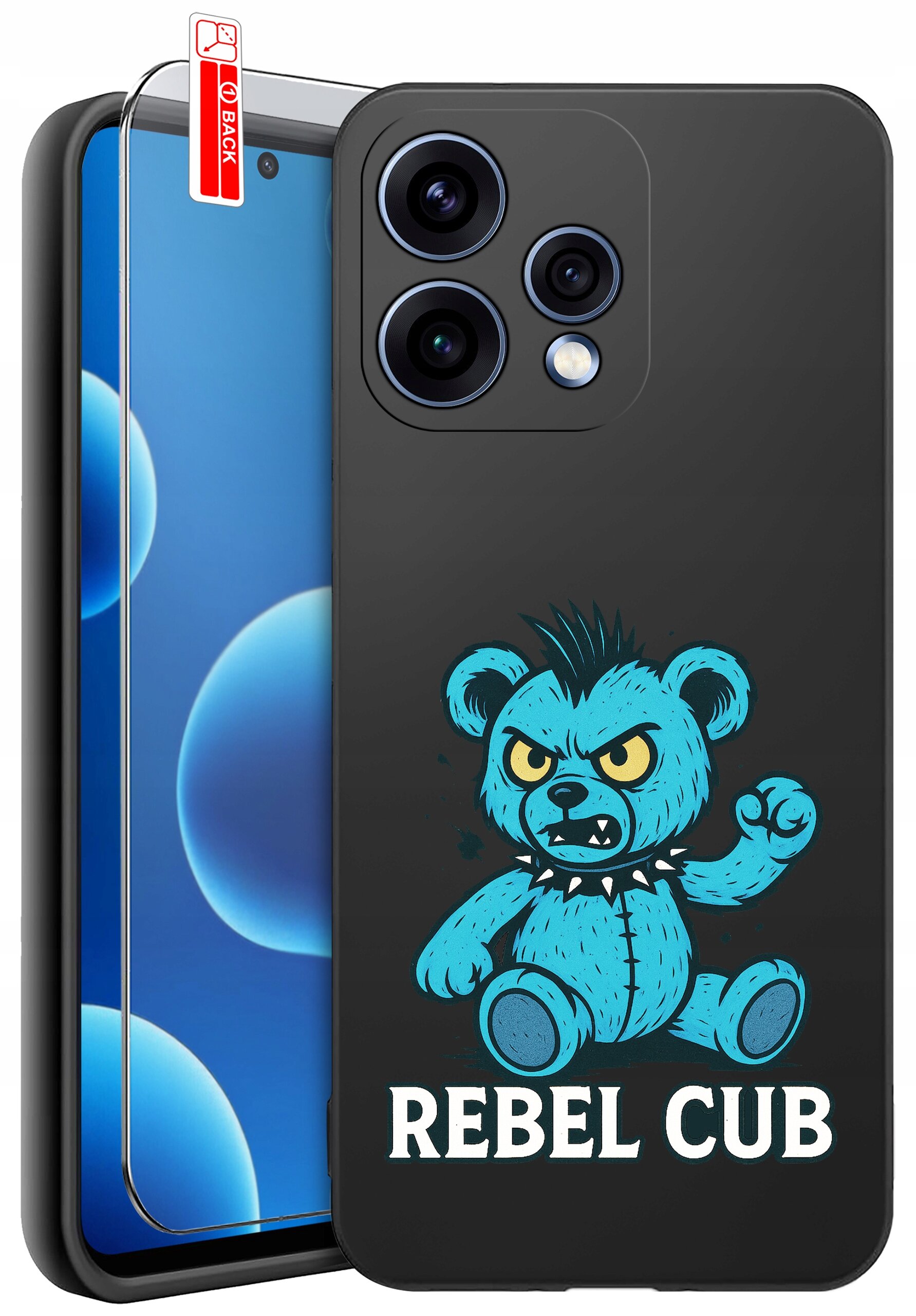 Na obrazie widoczne jest czarne etui na telefon z niebieskim rysunkiem gniewnego misia oraz napisem \'REBEL CUB\'. Obok etui znajduje się szkło ochronne z czerwoną naklejką \'BACK\'.