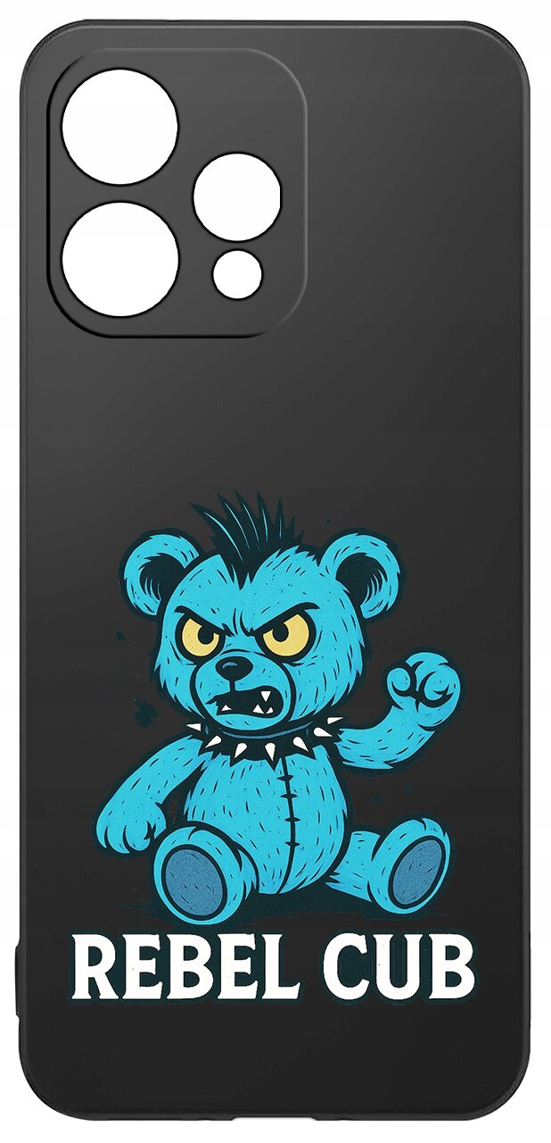 Czarne etui z nadrukiem niebieskiego misia o groźnym wyrazie twarzy i napisem \'REBEL CUB\' na dole.