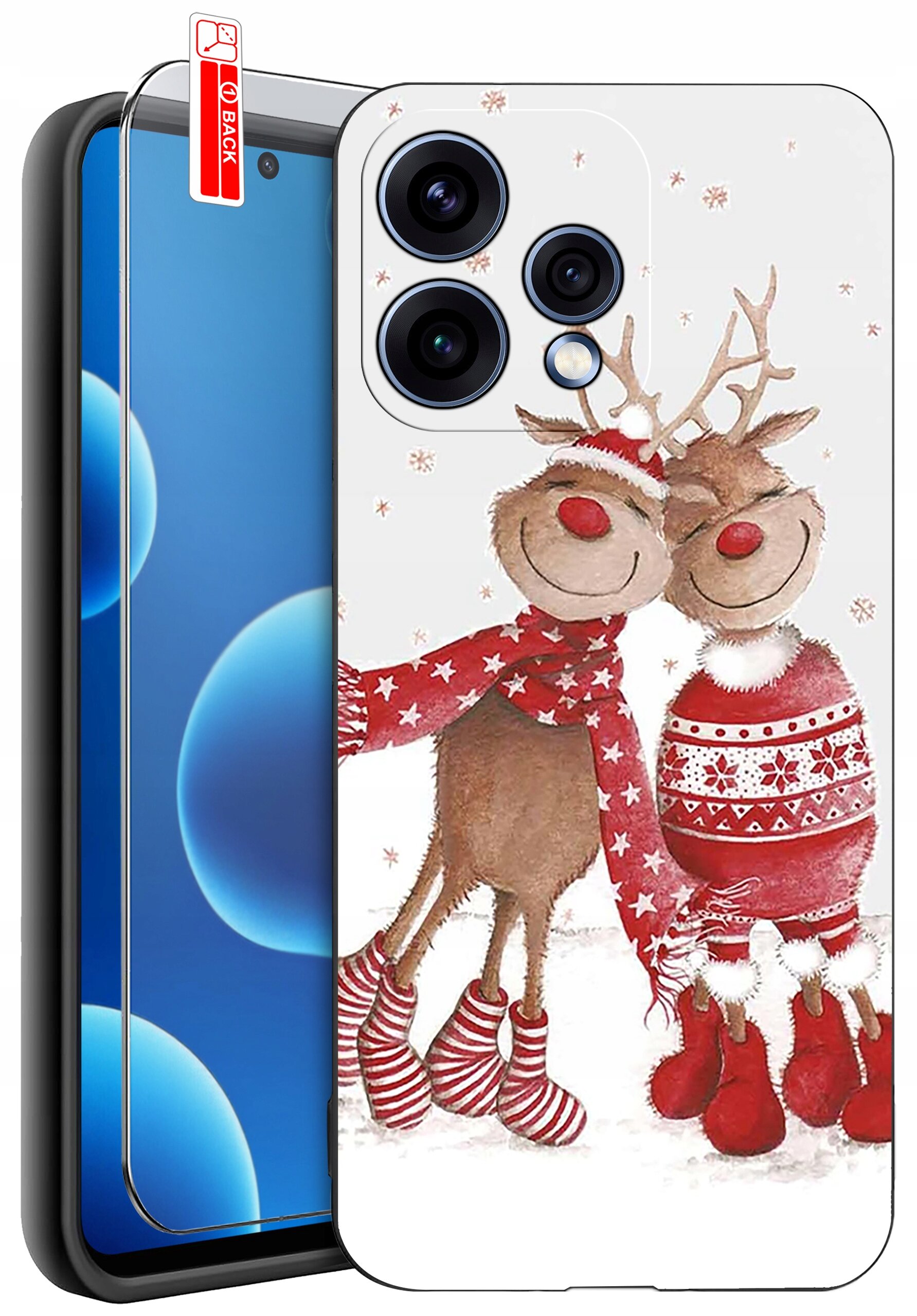 Etui na telefon z nadrukiem dwóch reniferów w zimowych ubraniach, obok znajduje się szkło ochronne z oznaczeniem \'BACK\'.