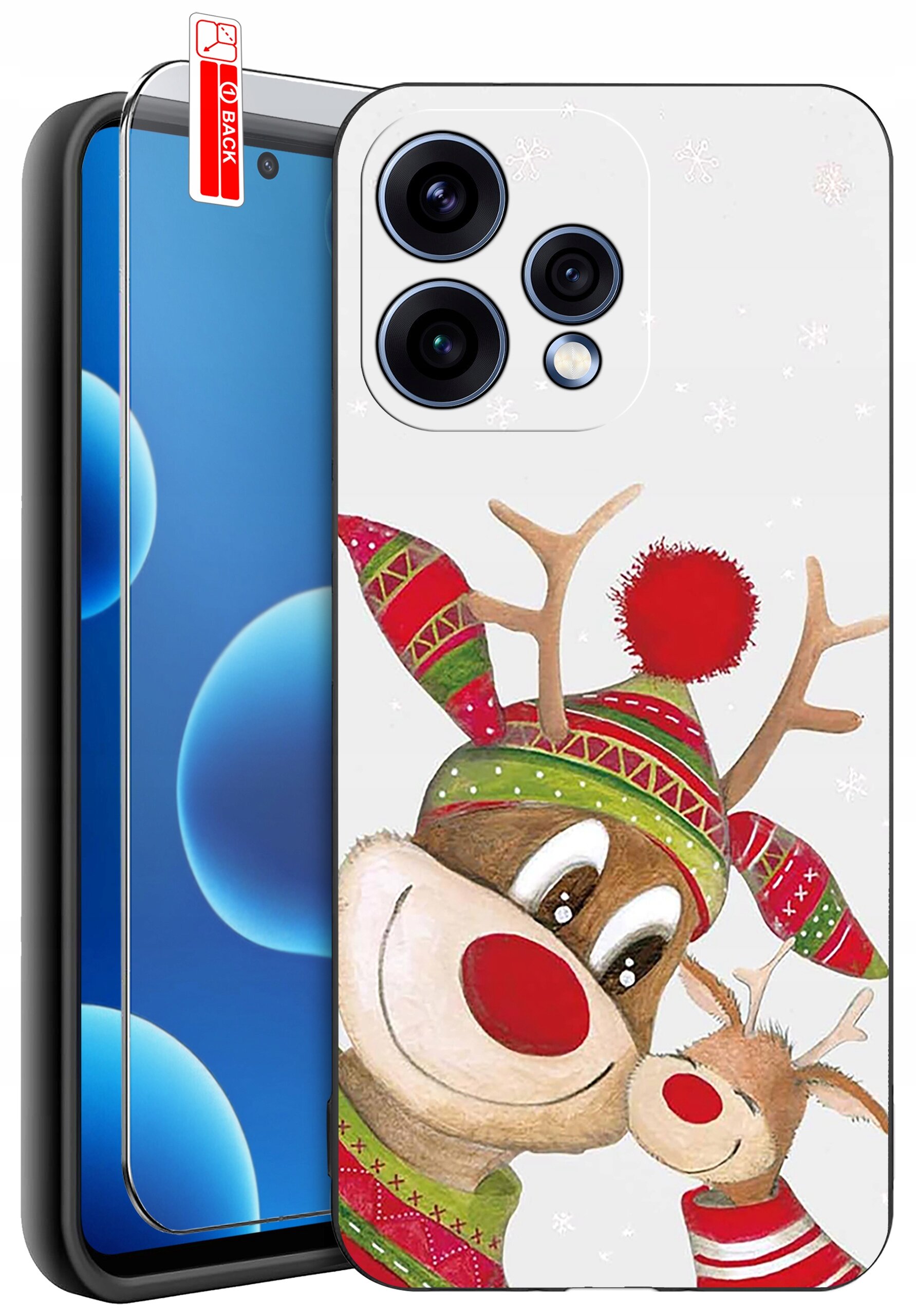 Etui na telefon z motywem renifera w czapce i szaliku, obok znajduje się szkło ochronne z napisem \'BACK\'.