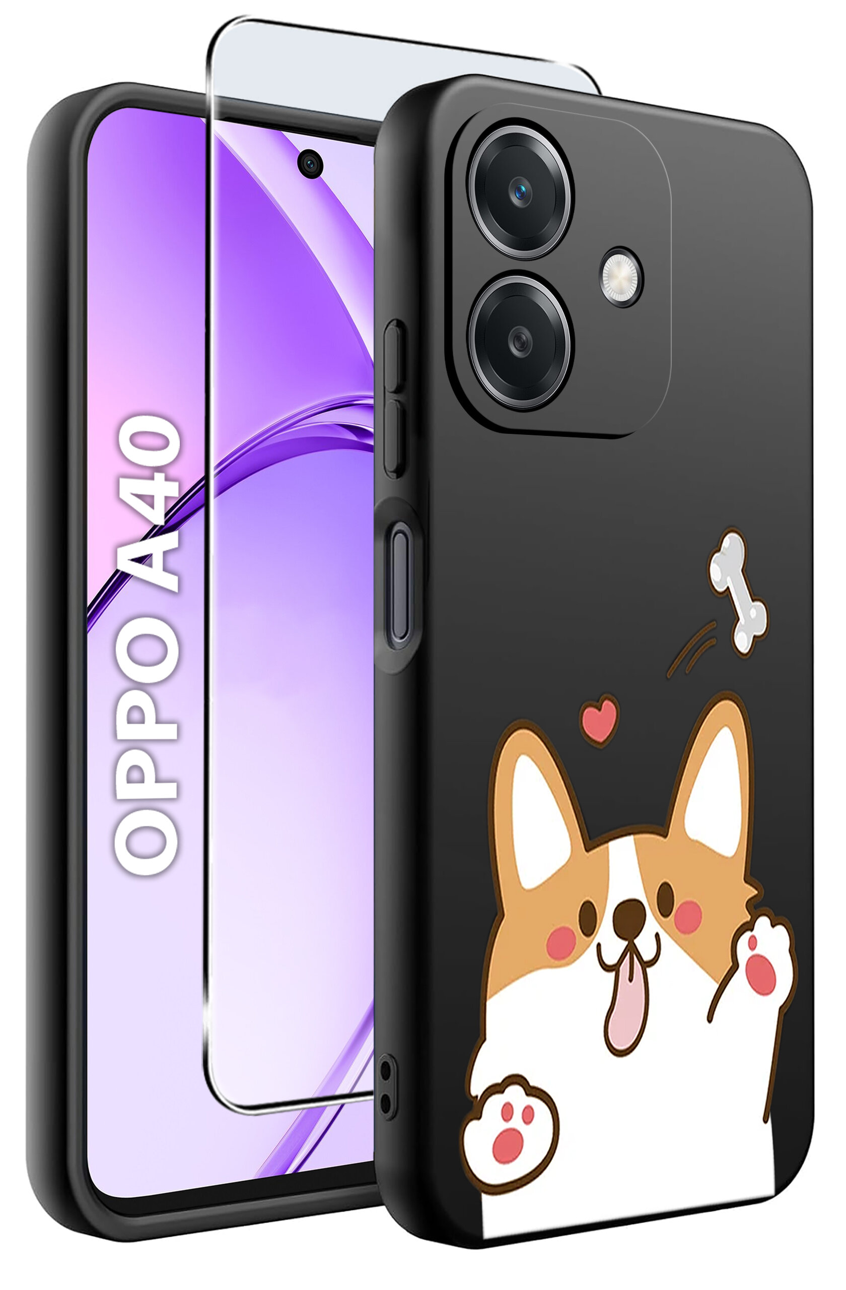 Obraz przedstawia czarne etui na telefon z grafiką psa i kością oraz szkło ochronne. Na ekranie telefonu widoczny jest napis \'OPPO A40\'.