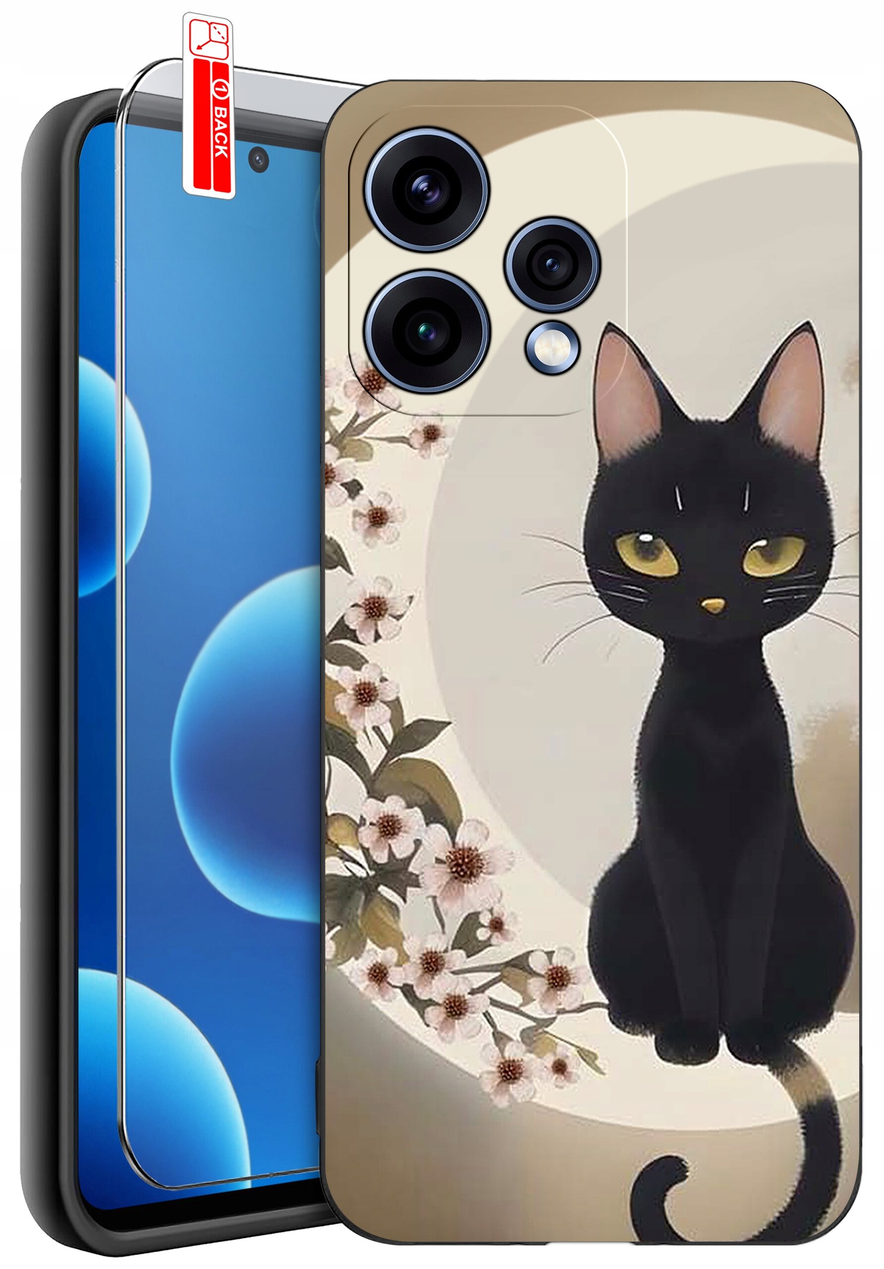 Etui na telefon z nadrukiem czarnego kota na tle okręgu z kwiatami. Obok znajduje się szkło ochronne z napisem \'BACK\'.