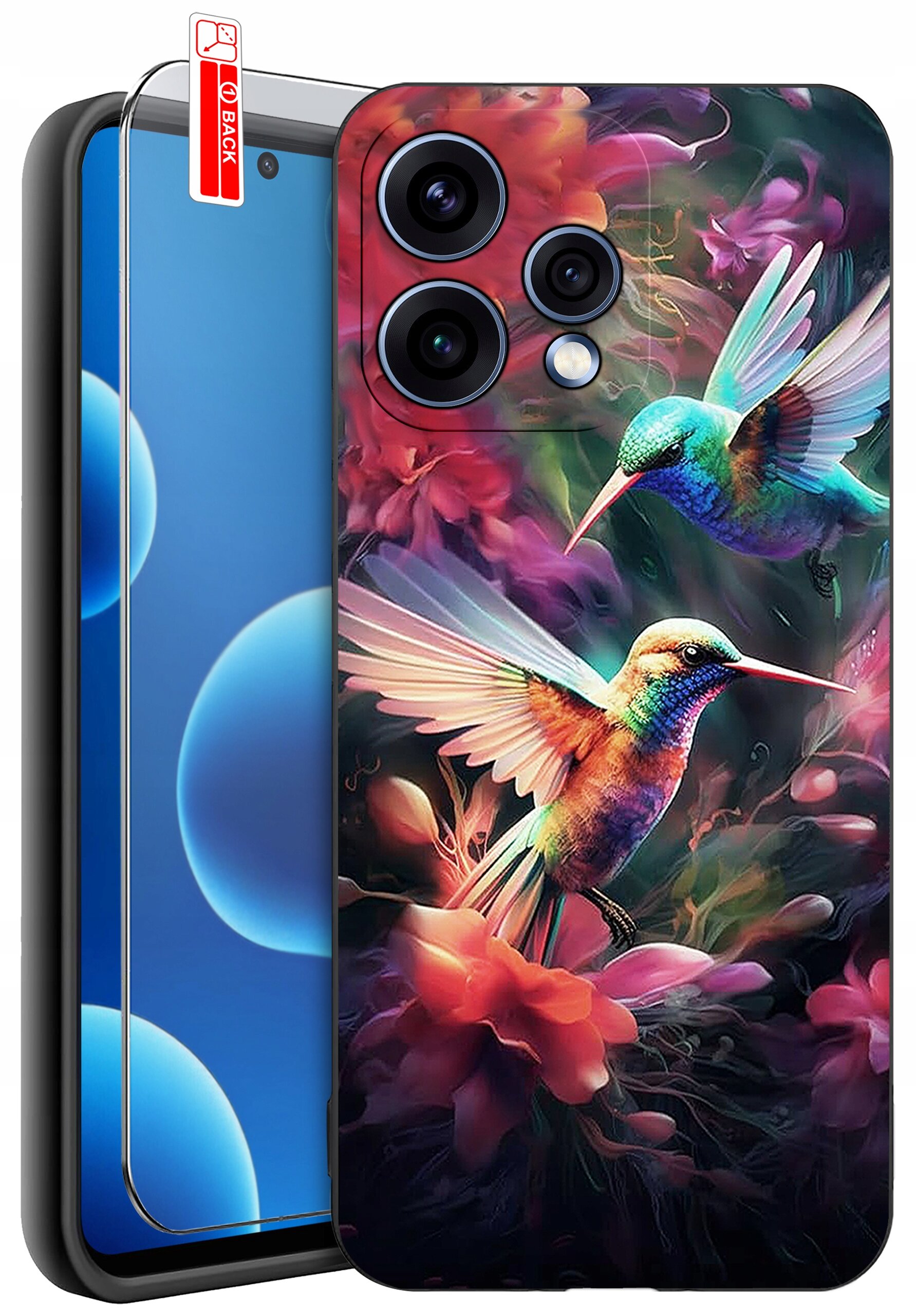 Etui na telefon z kolorowym wzorem przedstawiającym dwa kolibry wśród kwiatów. Obok etui znajduje się szkło ochronne z oznaczeniem \'BACK\'.