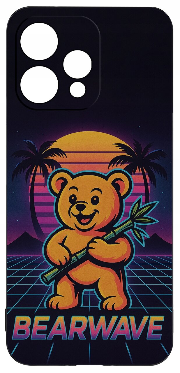 Etui z grafiką przedstawiającą uśmiechniętego misia trzymającego bambus, na tle zachodzącego słońca i palm. Na dole widnieje napis \'BEARWAVE\'.