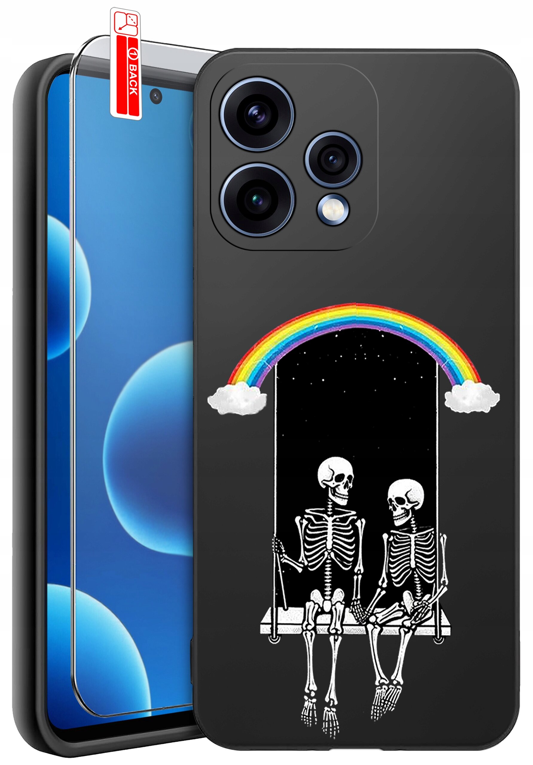 Czarne etui na telefon z nadrukiem dwóch szkieletów siedzących na huśtawce pod tęczą. Obok etui znajduje się szkło ochronne z naklejką \'BACK\'.