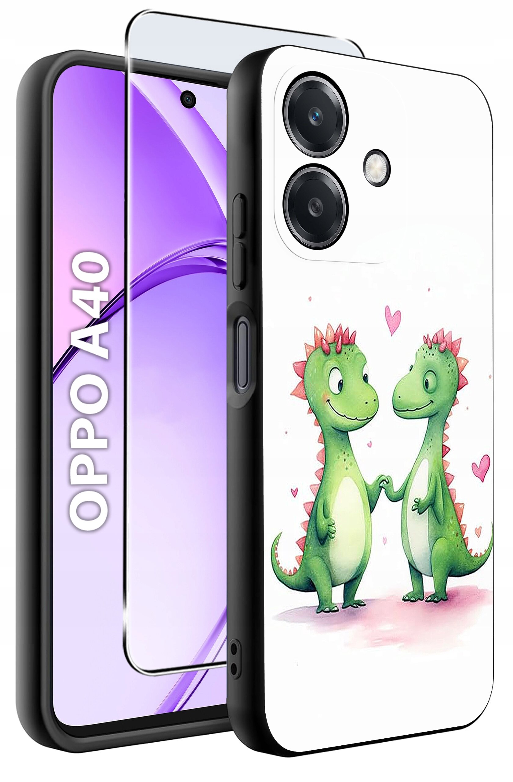 Etui na telefon z grafiką dwóch zielonych dinozaurów trzymających się za ręce, otoczonych różowymi serduszkami. Obok widoczny jest telefon z napisem \'OPPO A40\' na ekranie oraz szkło ochronne.