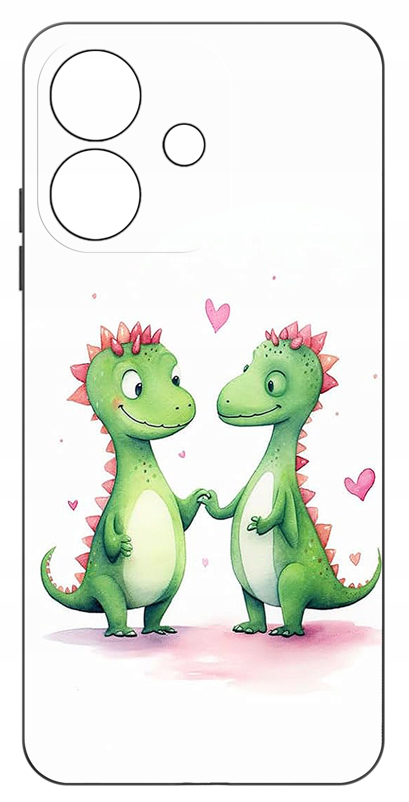 Etui na telefon z grafiką dwóch zielonych dinozaurów trzymających się za ręce, otoczonych różowymi serduszkami. W górnej części widoczne są wycięcia na aparat.