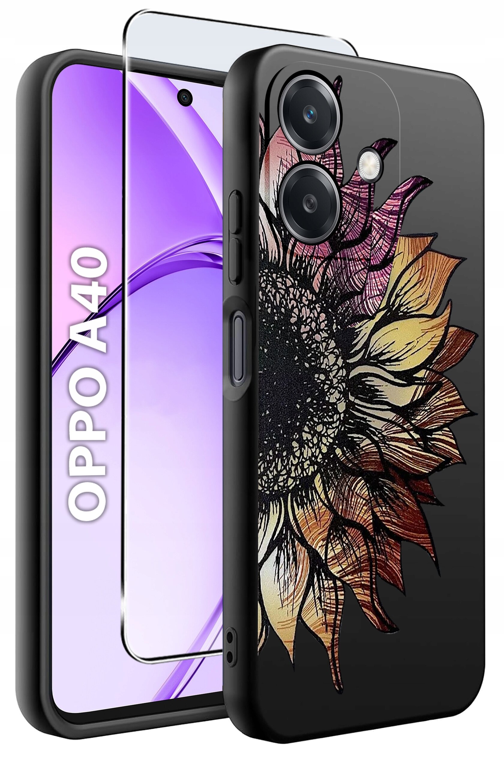 Obraz przedstawia etui na telefon z motywem kwiatu w kolorach żółtym i czerwonym oraz szkło ochronne. Na ekranie telefonu widoczny jest napis \'OPPO A40\'.