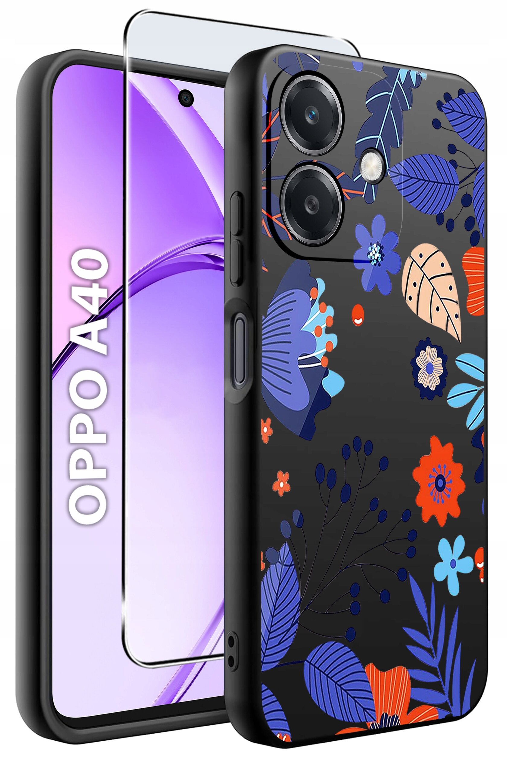 Obraz przedstawia etui na telefon z kolorowym wzorem kwiatowym oraz szkło ochronne. Obok widoczny jest telefon z napisem \'OPPO A40\'.