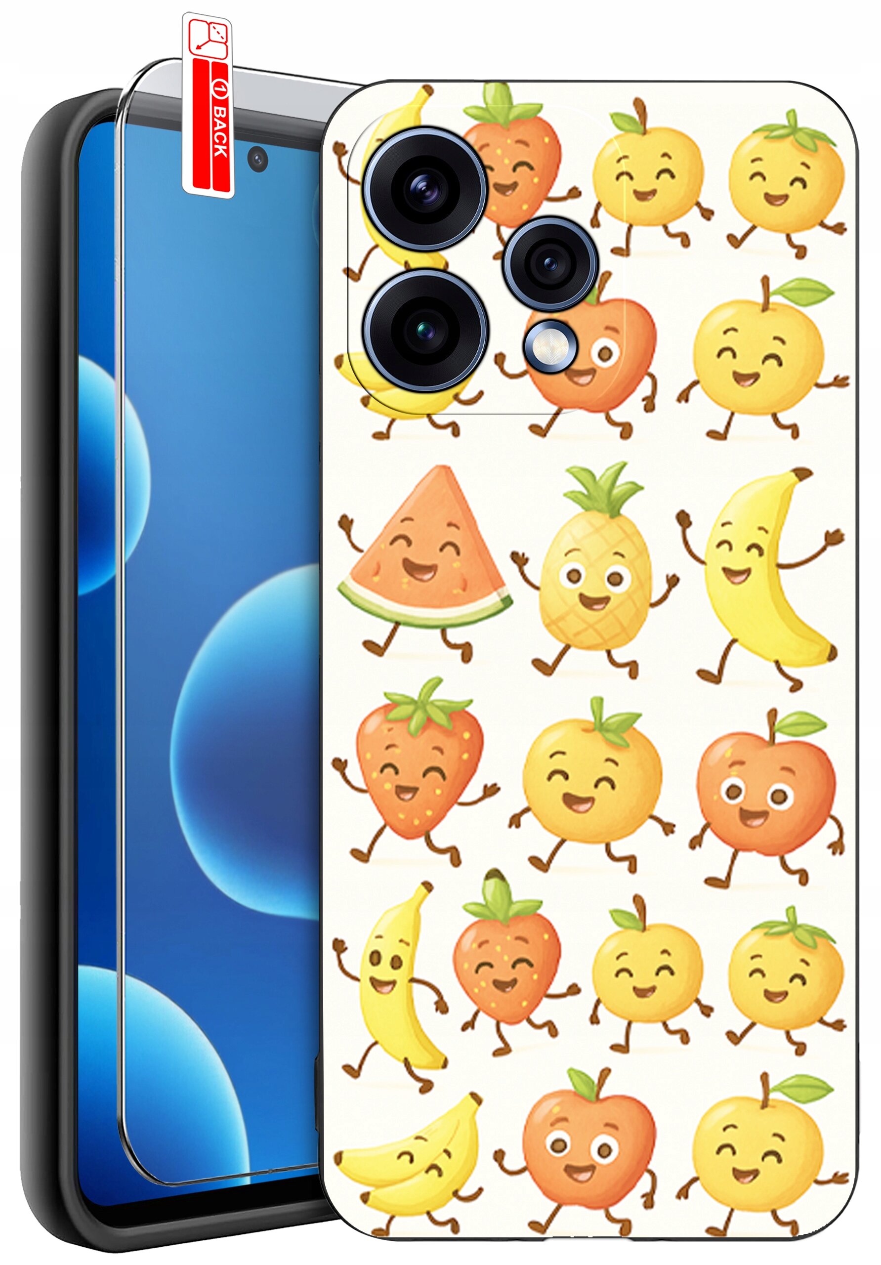 Etui na telefon z kolorowym wzorem owoców z uśmiechniętymi twarzami, obok znajduje się szkło ochronne z napisem \'BACK\'.