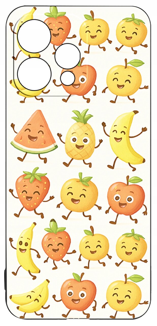 Etui na telefon z kolorowym wzorem przedstawiającym uśmiechnięte owoce, takie jak ananas, arbuz, banan i jabłko. Wzór jest umieszczony na jasnym tle, a otwory na aparat są widoczne w górnej części etui.