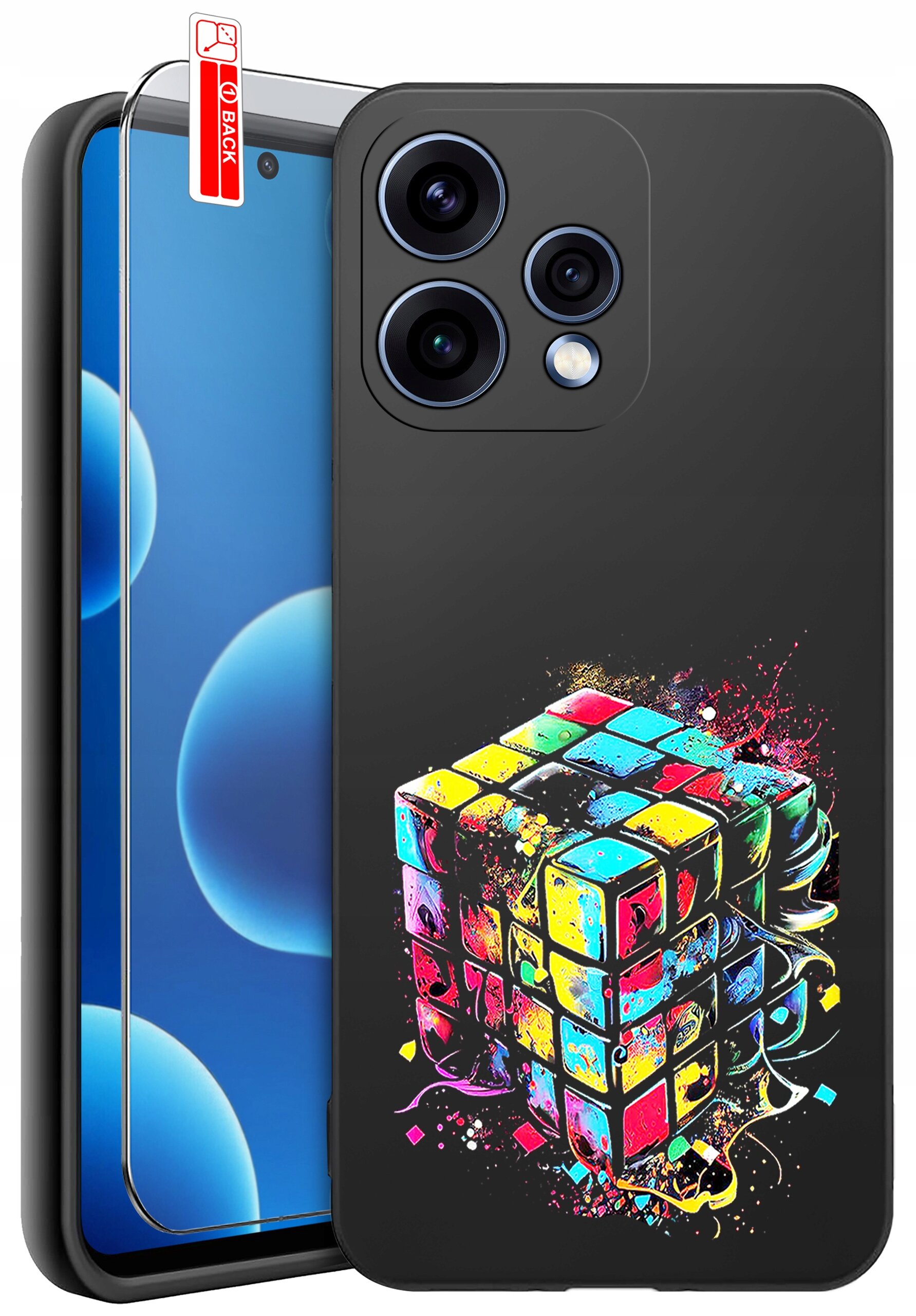Etui na telefon z kolorowym wzorem kostki na czarnym tle, obok widoczne szkło ochronne z napisem \'BACK\'.