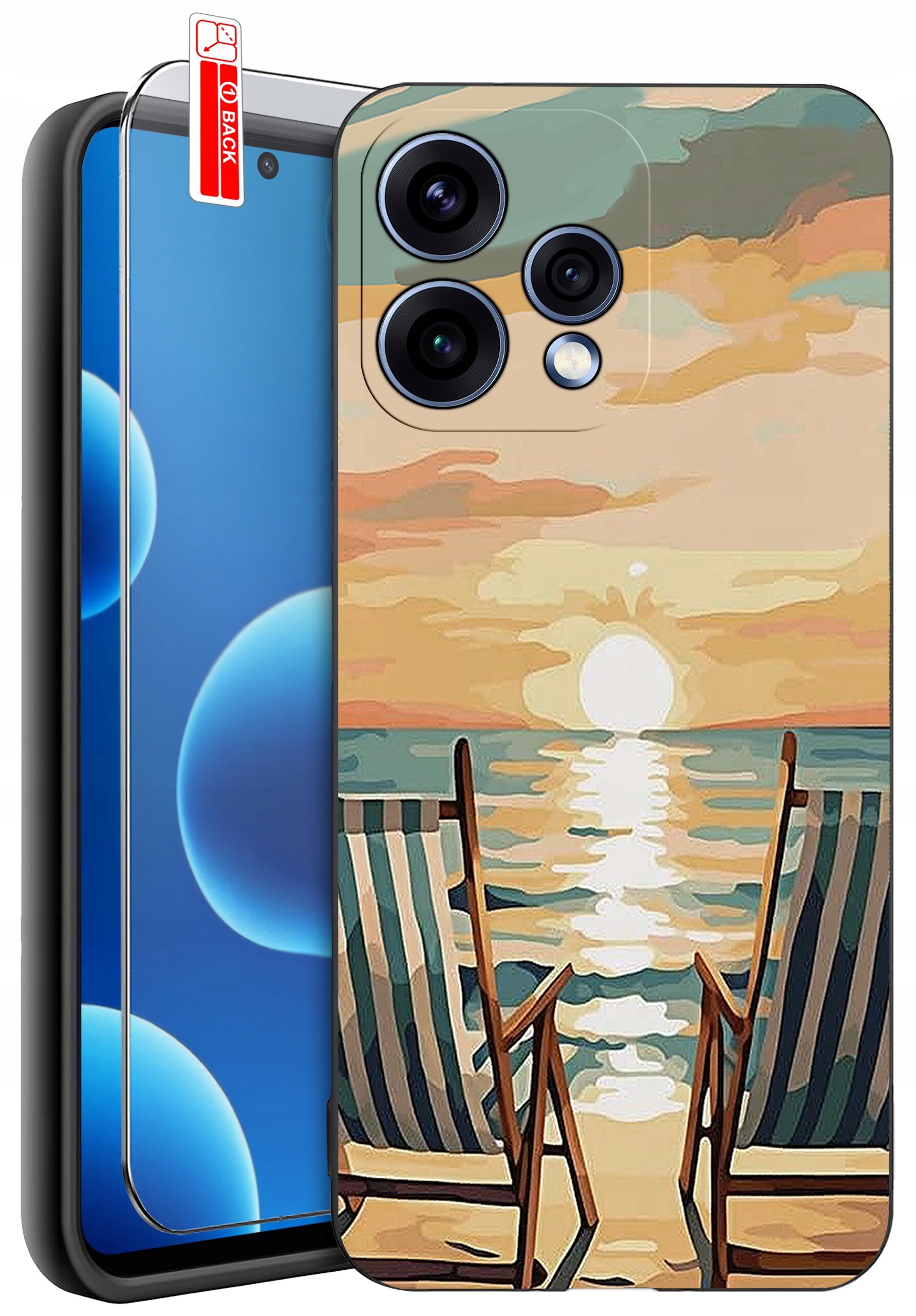 Etui na telefon z wzorem przedstawiającym dwa leżaki na plaży z widokiem na zachód słońca nad morzem. Obok etui znajduje się szkło ochronne z napisem \'BACK\'.