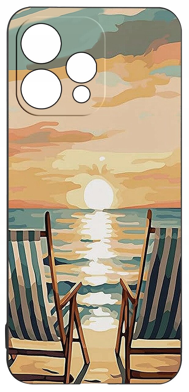 Etui na telefon z nadrukiem przedstawiającym dwa leżaki na plaży z widokiem na zachód słońca nad morzem. Kolory są ciepłe, dominują odcienie pomarańczu, niebieskiego i beżu.