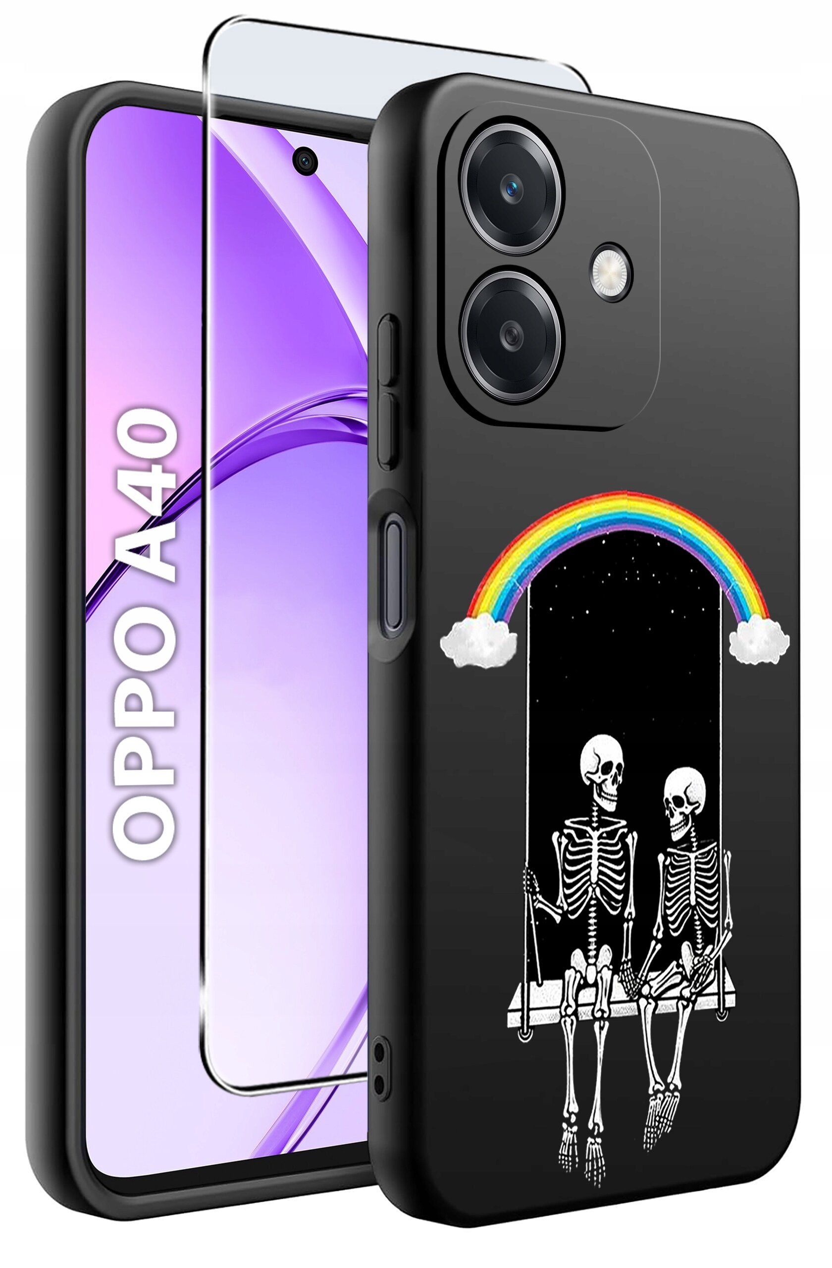 Obraz przedstawia czarne etui na telefon z nadrukiem dwóch szkieletów siedzących na huśtawce pod tęczą. Obok widoczny jest telefon z napisem \'OPPO A40\' na ekranie oraz szkło ochronne.