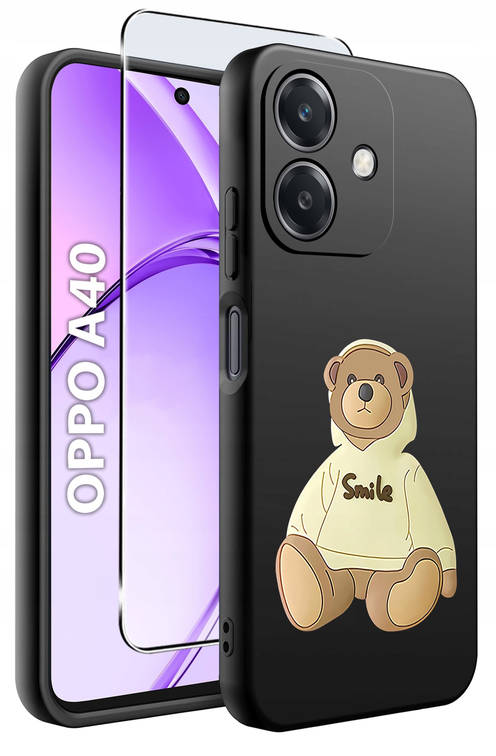 Obraz przedstawia czarne etui na telefon z nadrukiem misia w bluzie z napisem \'Smile\'. Obok etui widoczny jest telefon z napisem \'OPPO A40\' oraz szkło ochronne.