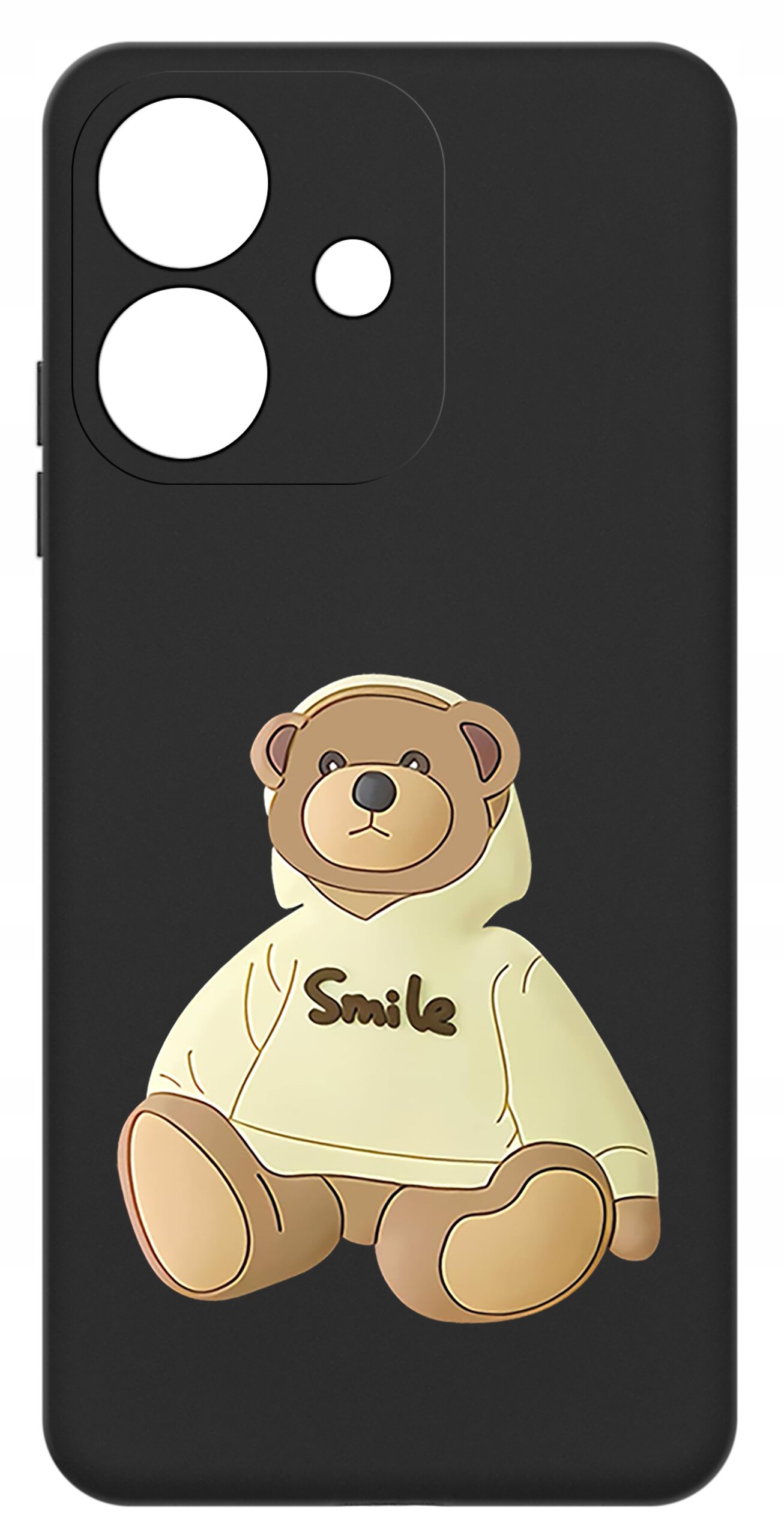 Czarne etui z wycięciami na aparat, ozdobione grafiką misia w kremowej bluzie z napisem \'Smile\'.
