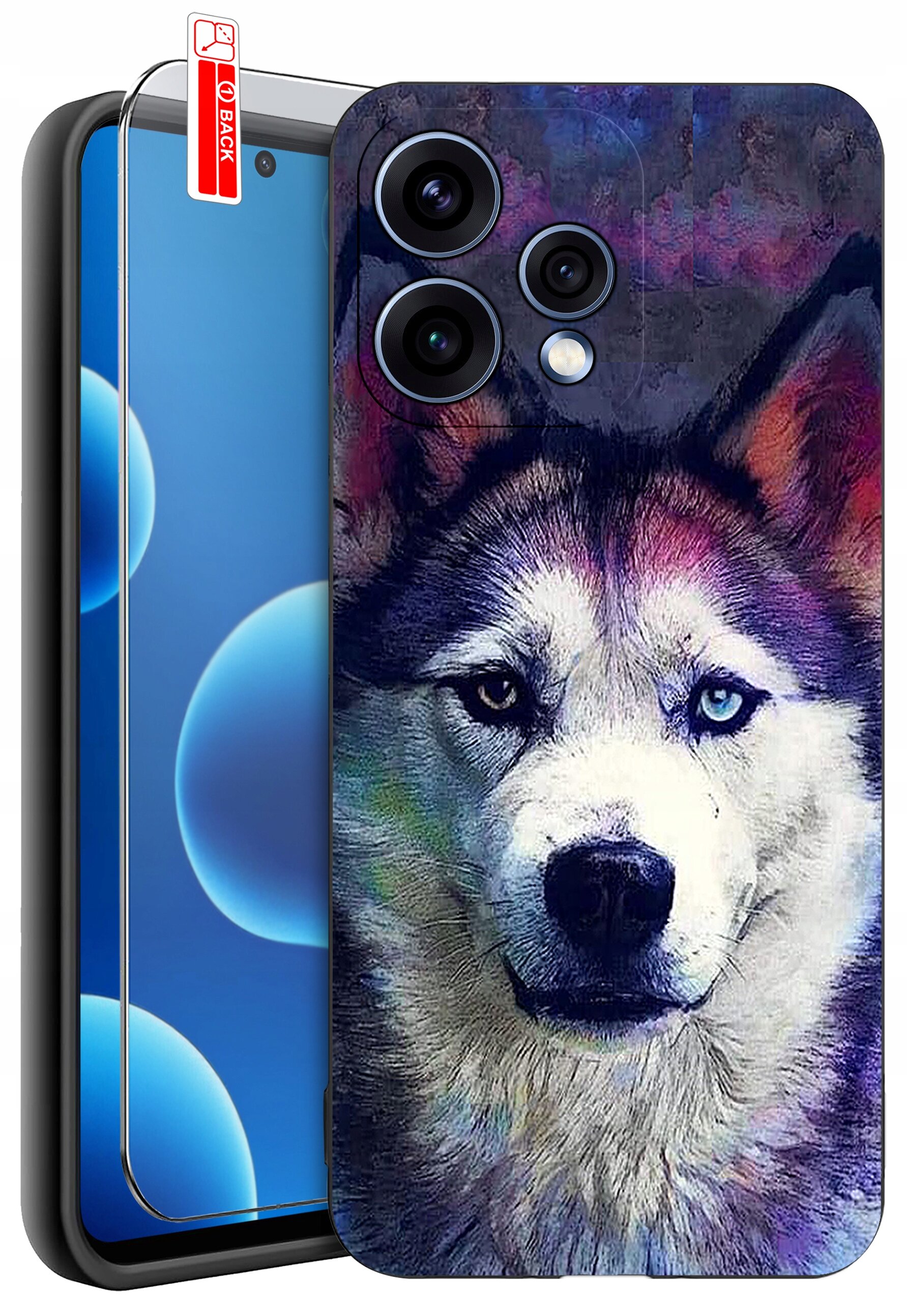 Etui na telefon z kolorowym wzorem przedstawiającym psa oraz szkło ochronne z napisem \'BACK\'.