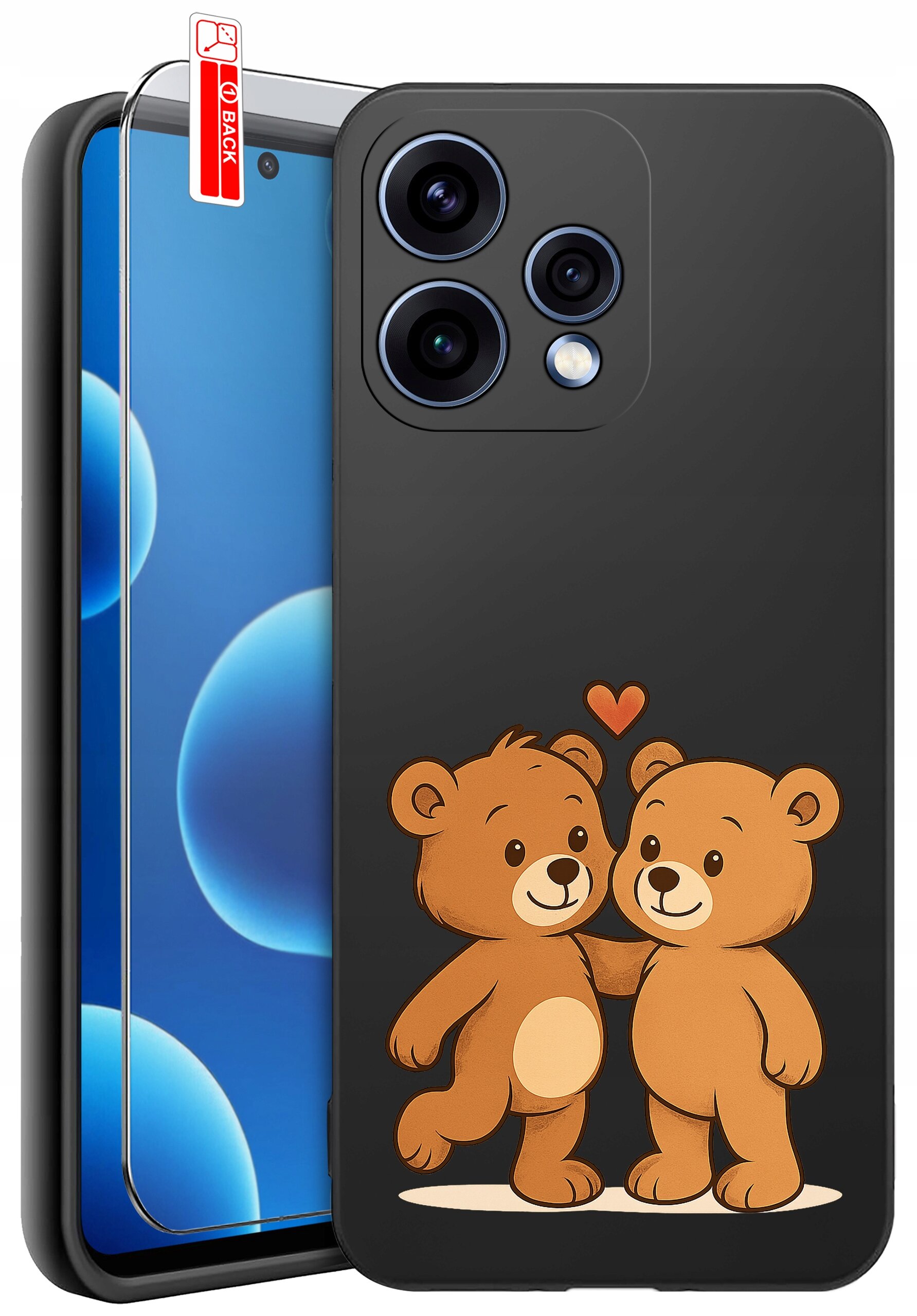 Czarne etui na telefon z grafiką dwóch uśmiechniętych misiów i sercem nad nimi. Obok znajduje się szkło ochronne z napisem \'BACK\'.