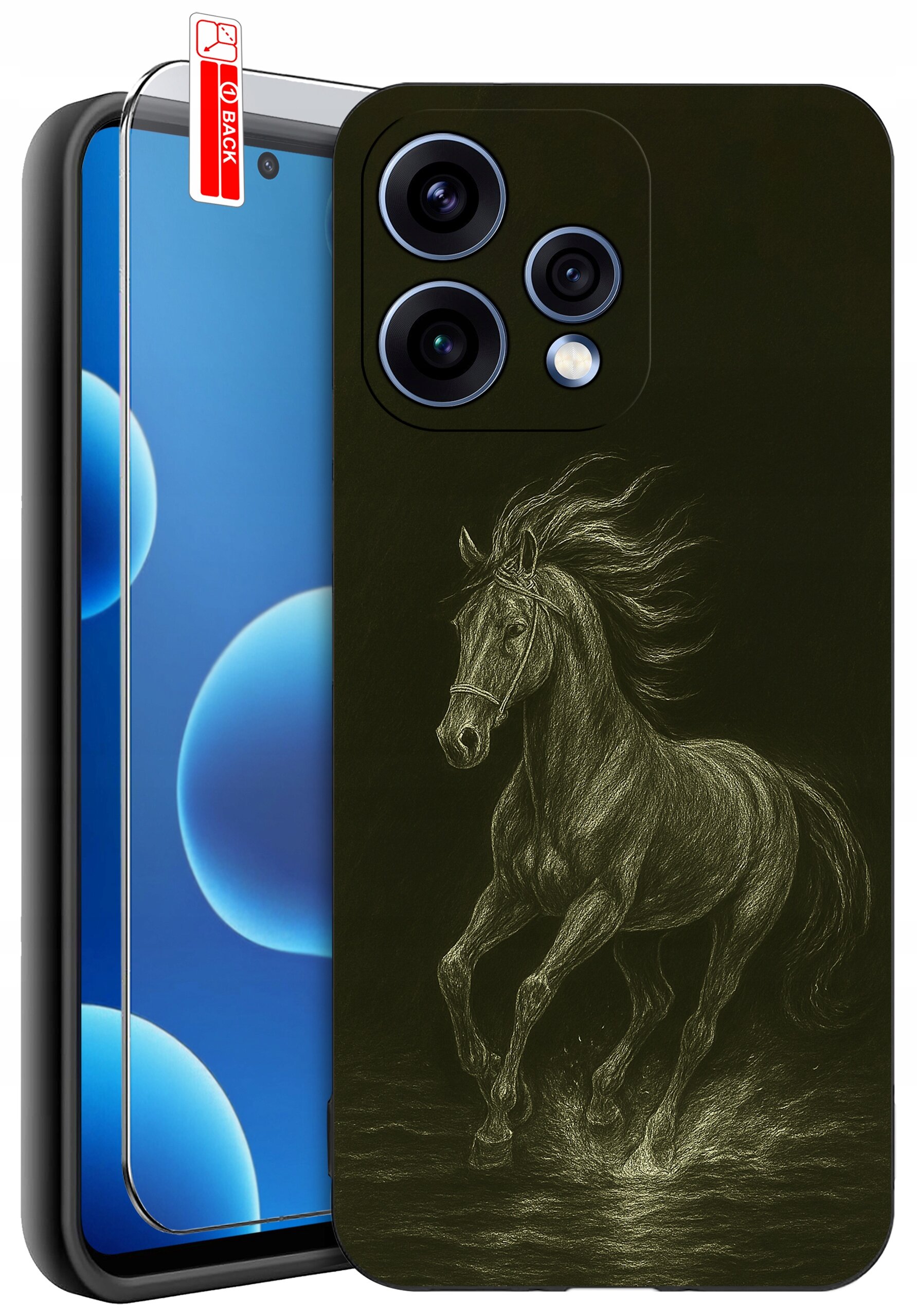 Etui na telefon z rysunkiem konia, obok którego znajduje się szkło ochronne z napisem \'BACK\'.