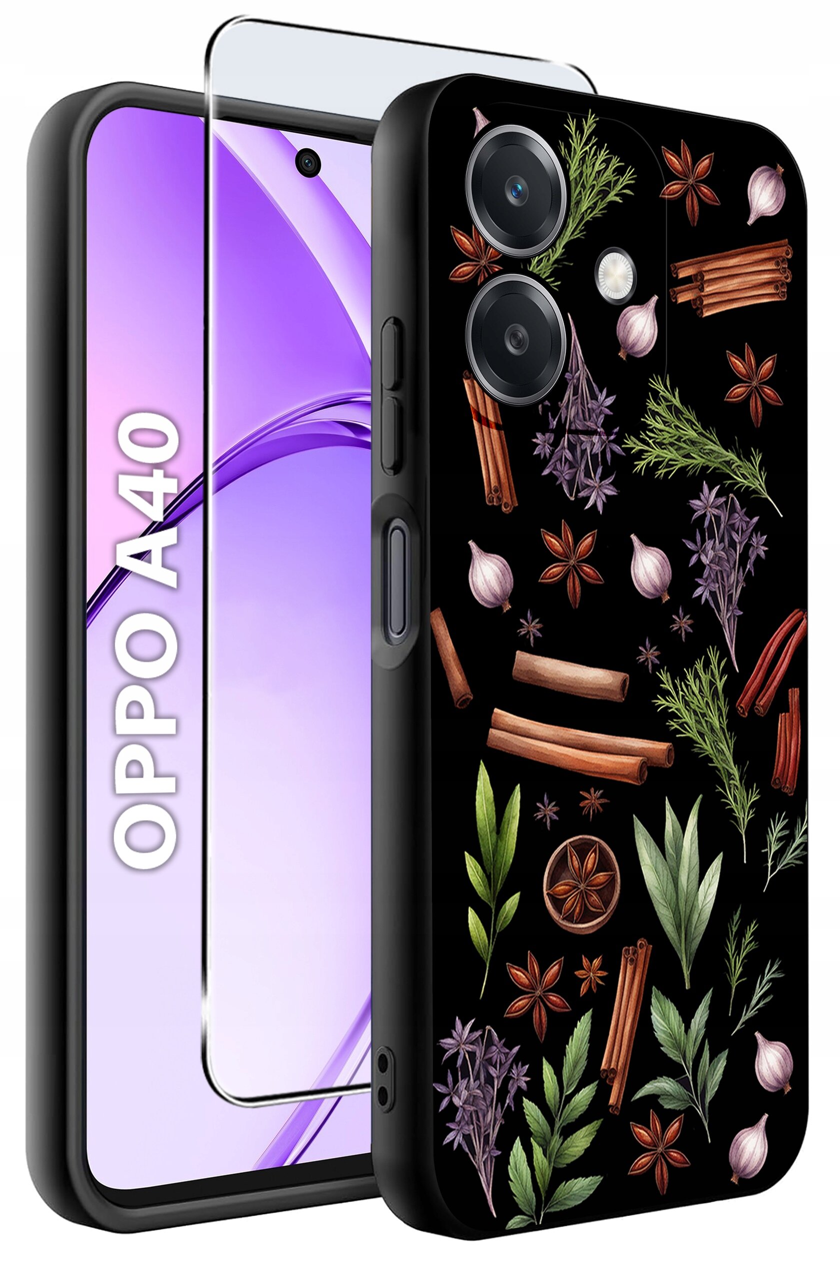 Obraz przedstawia etui na telefon z kolorowym wzorem ziół i przypraw na czarnym tle oraz szkło ochronne. Obok widoczny jest telefon z napisem \'OPPO A40\' na ekranie.